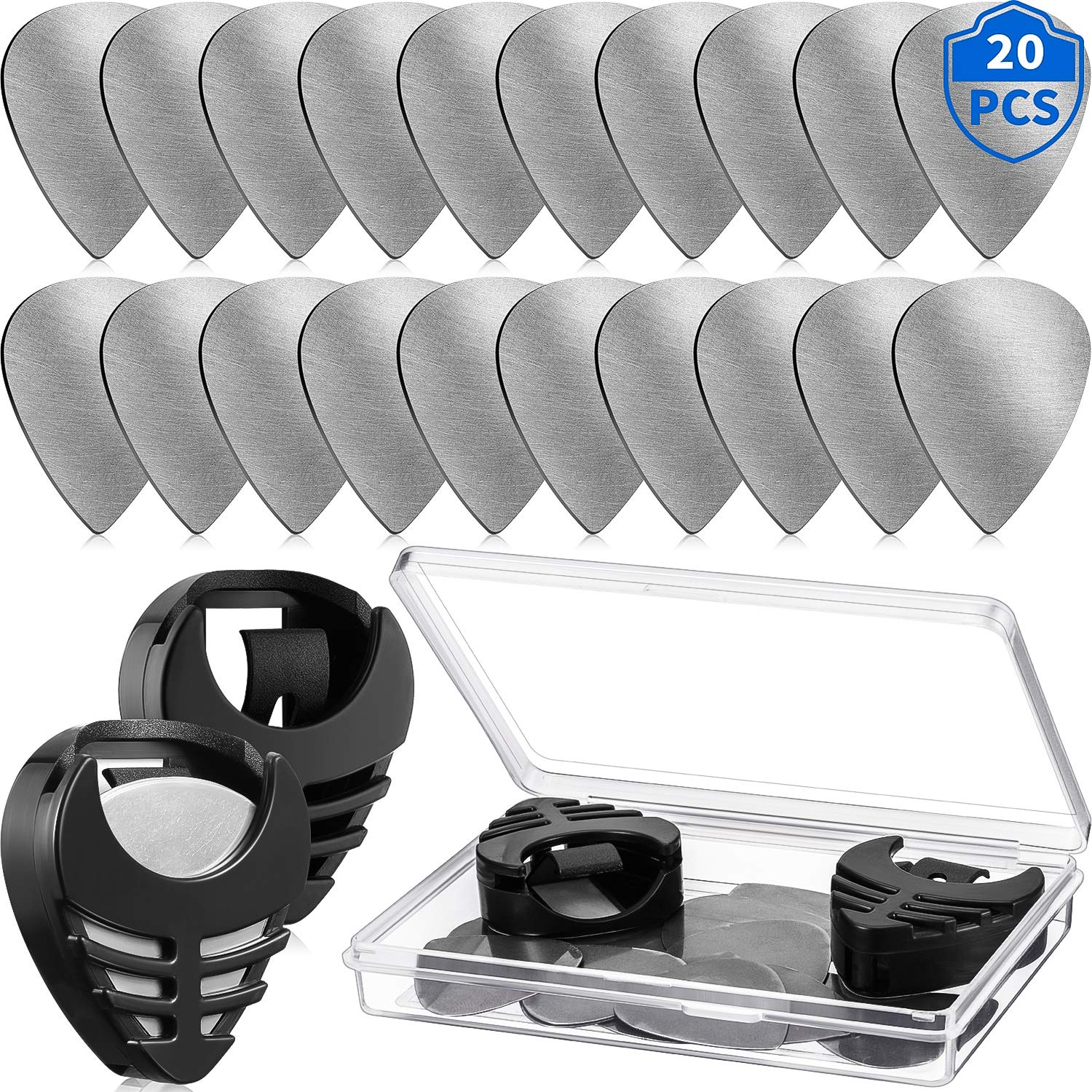 20 Pieces Guitar Picks With 2 Plectrums holder and 1 Storage Case Metal Stainless Steel Picks Black Plectrums Holder for Electri