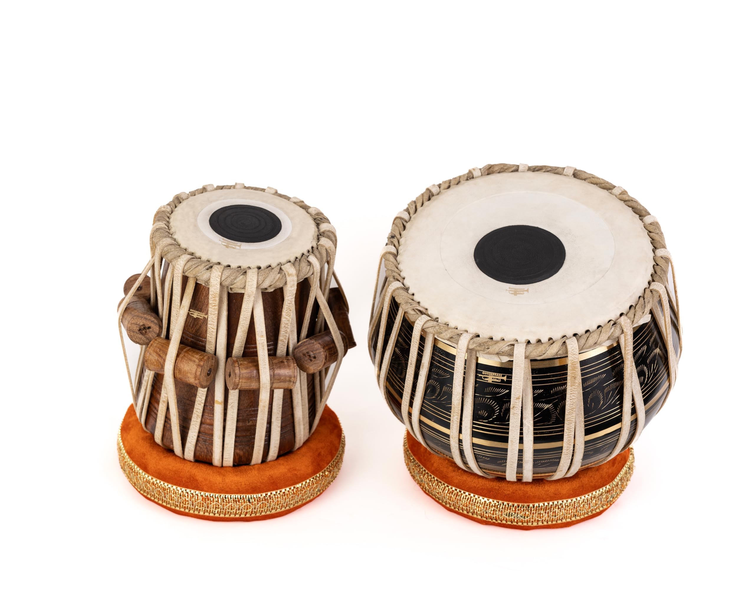 QUEENBRASS Black Designer Brass Tabla Set with Engraved Bayan - Complete Kit with Hammer, Manual, Cushions, Covers, Carry Bag & 