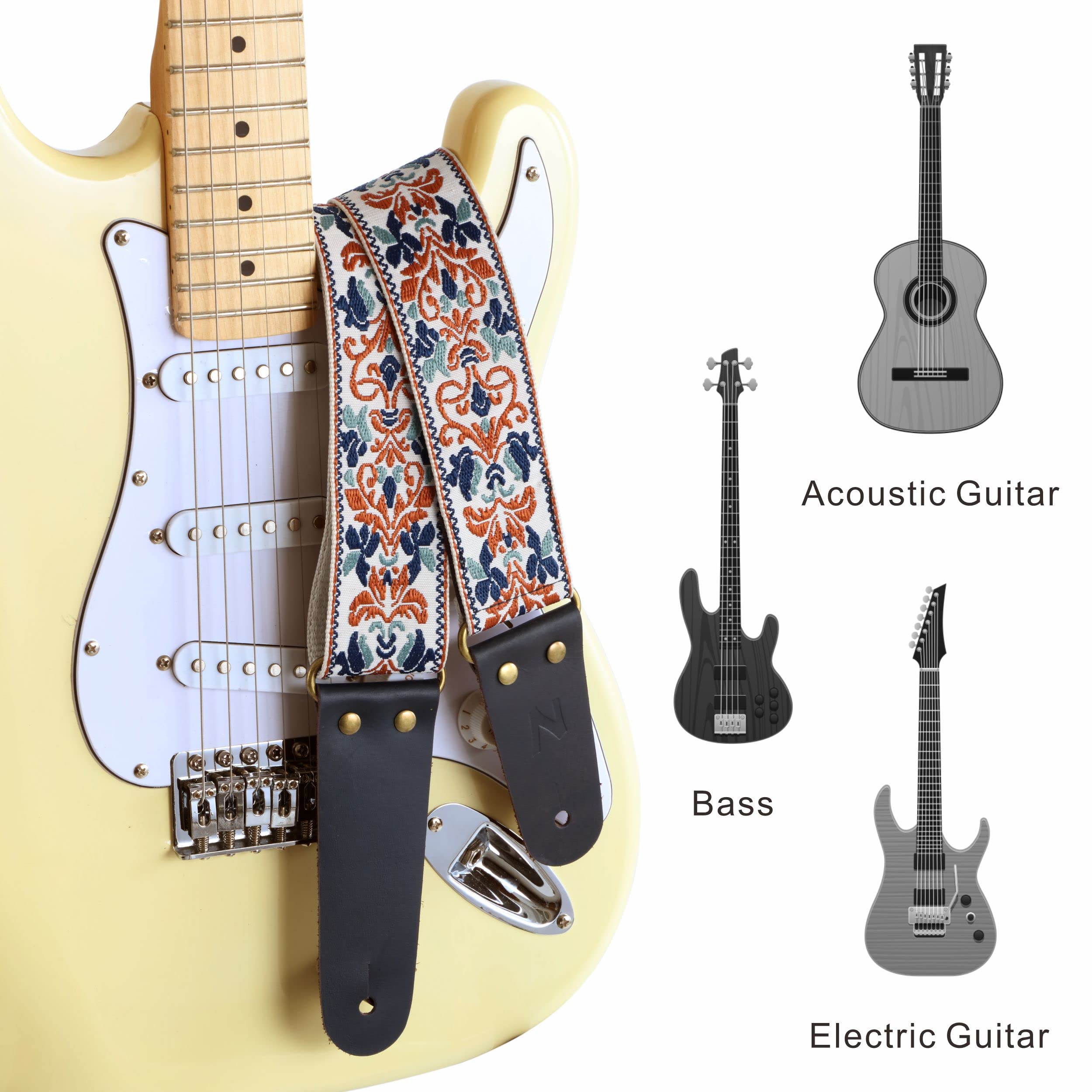 Nefelibata Guitar Strap, 2'' Jacquard Embroidery Guitar Straps, Full Grain Leather Ends with Invisible Pocket, for Bass, Electri