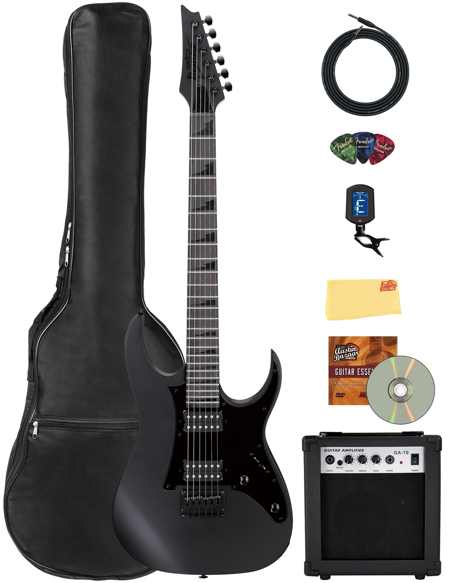 Ibanez GRGR131EX RG Gio Electric Guitar - Black Flat Bundle with Amplifier, Gig Bag, Tuner, Cable, Picks, Austin Bazaar Instruct