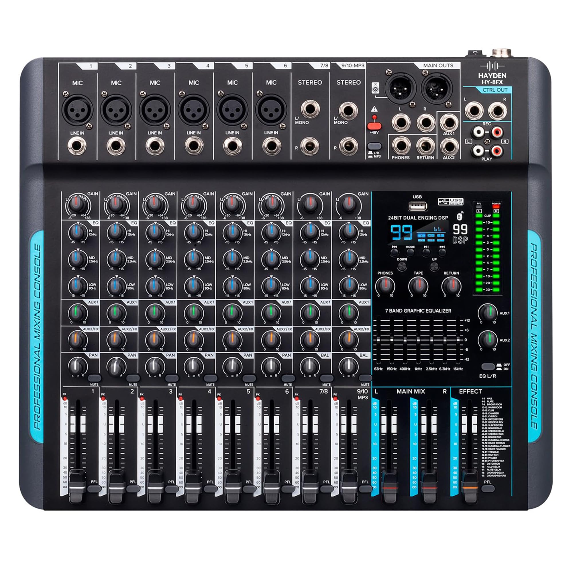 hayden HY-8FX 10-Channel DJ Mixer With 99 DSP Reverb, 7-Band EQ, USB, Bluetooth, 48V Phantom, One-Click Mute Pro Sound Console F