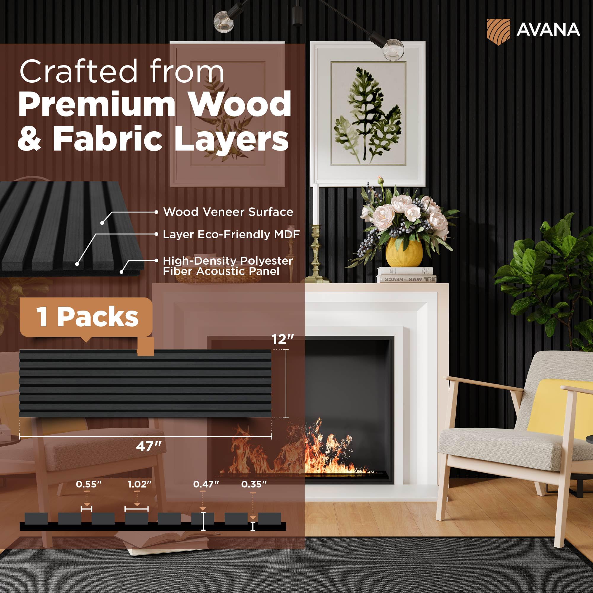 Avana Modern Acoustic Wood Wall Panels - 47.2 x 12.6 Inch Black Oak Acoustic Panels 1 PC - Wall Panels for Interior Wall Decor F