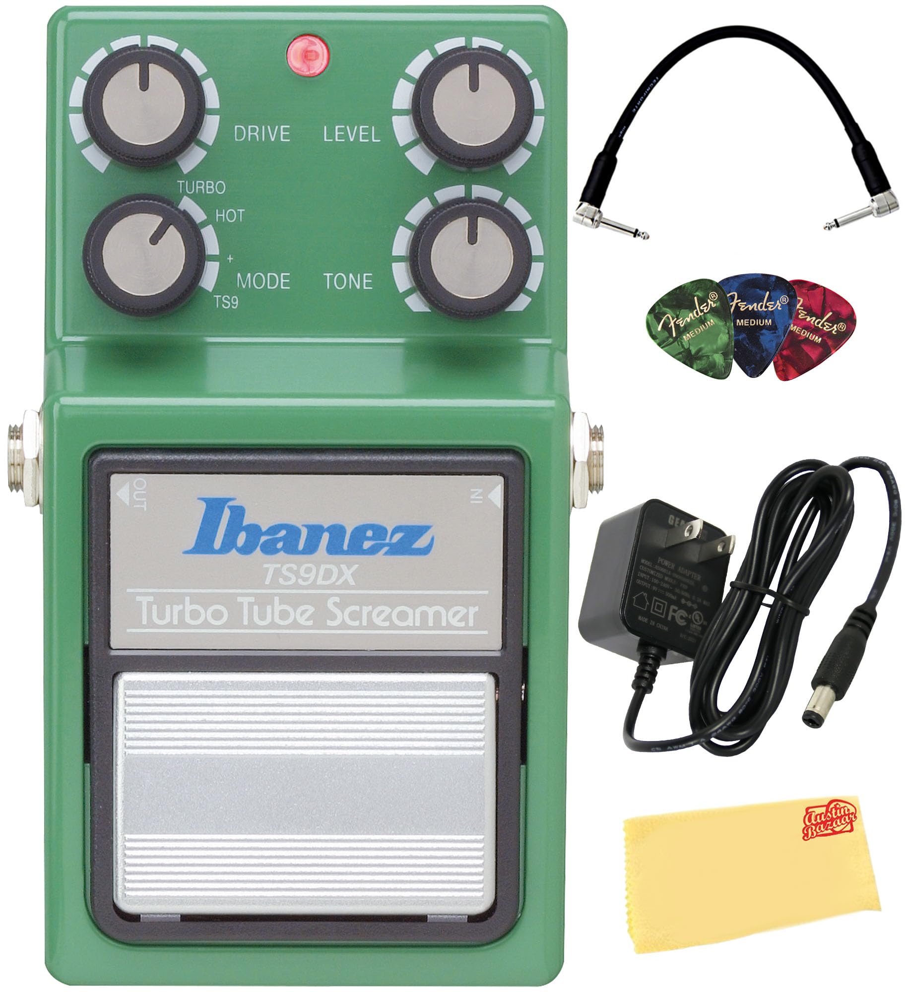 Ibanez TS9DX Turbo Tube Screamer Overdrive Bundle with Power Supply, Patch Cable, Picks, and Austin Bazaar Polishing Cloth