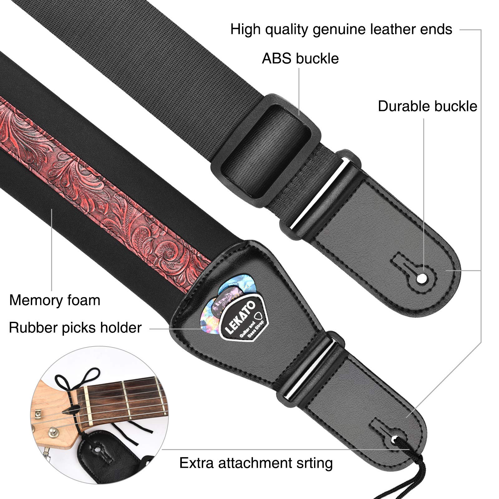 LEKATO Bass Guitar Strap for Electric Guitar & Bass 3'' Wide Guitar Straps Padded Bass Guitar Strap Adjustable Length from 45''