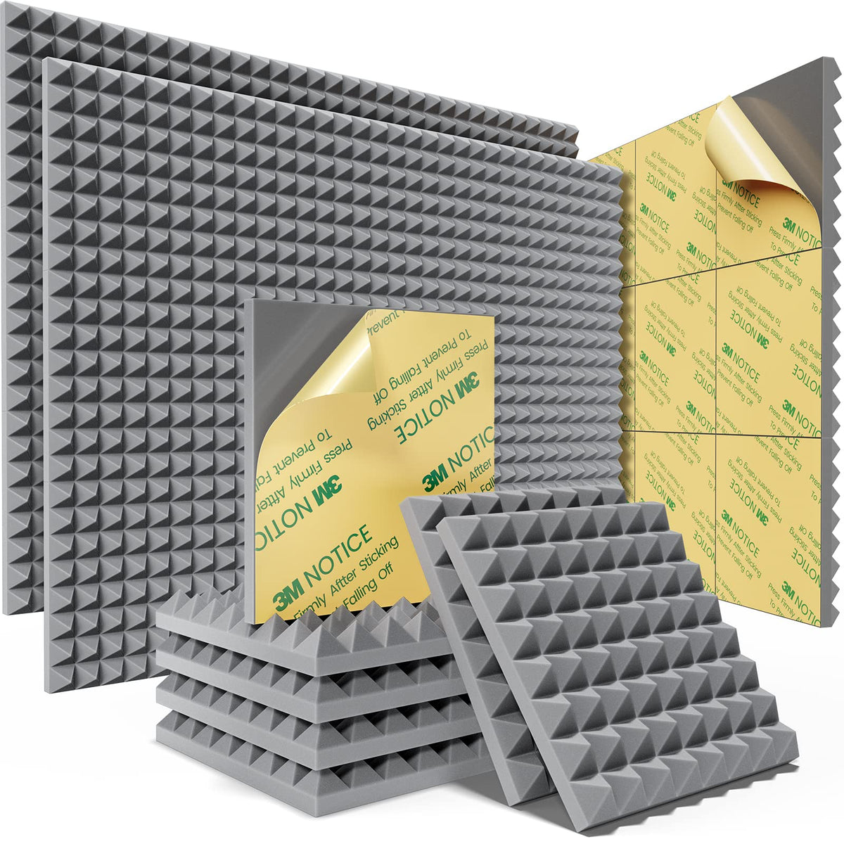 Sonicism 48 Pack Pyramid Sound Proof Foam Panels With Self-Adhesive, 12'' X 12'' X 1'' Acoustic Foam Panels Of High Density, Sou