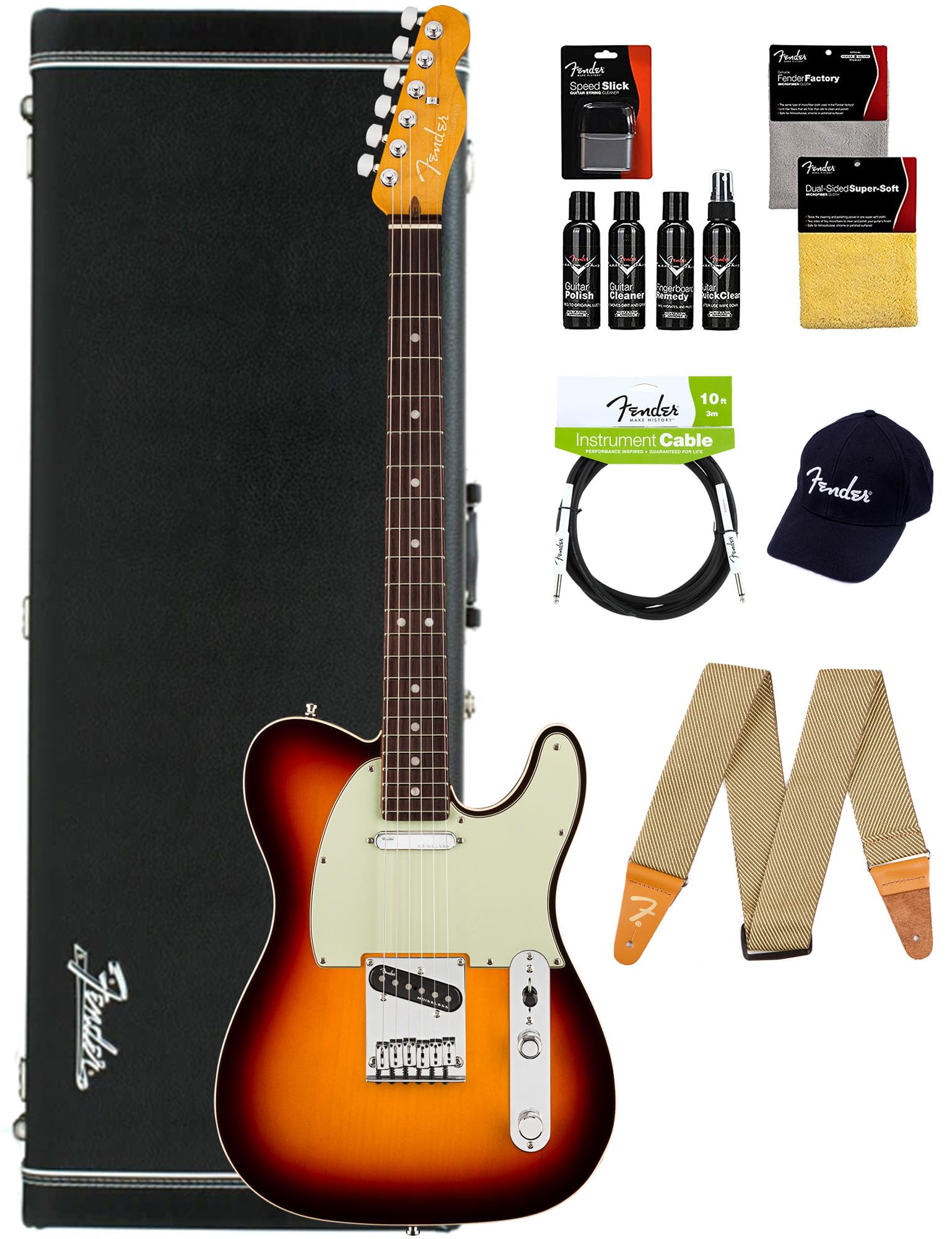 Fender American Ultra Telecaster, Rosewood - Ultraburst Bundle With Case, Hat, Strap, Cable, And Guitar Cleaning Kit