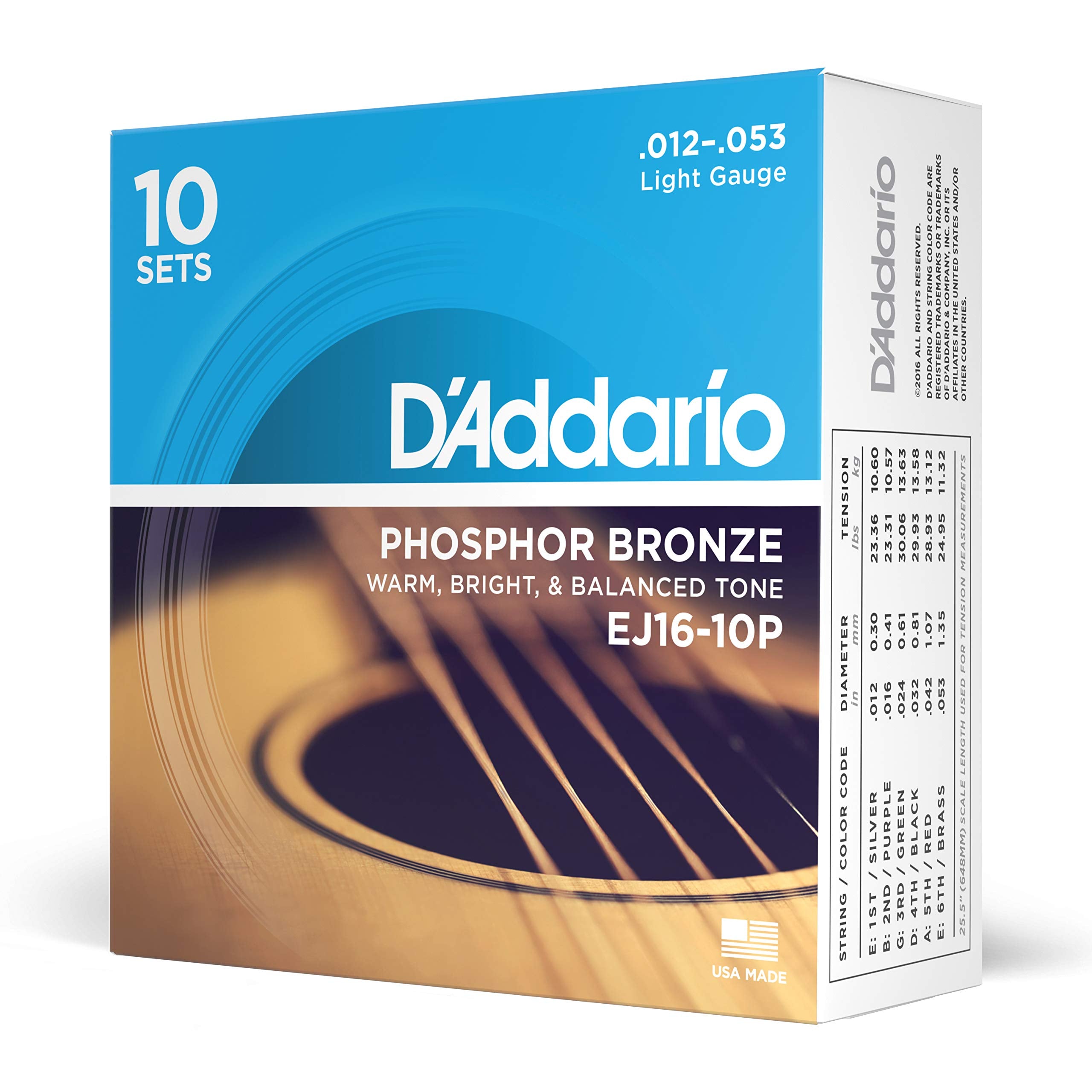 Daddario Guitar Strings - Phosphor Bronze Acoustic Guitar Strings - Ej16-10P - Rich, Full Tonal Spectrum - For 6 String Guitars