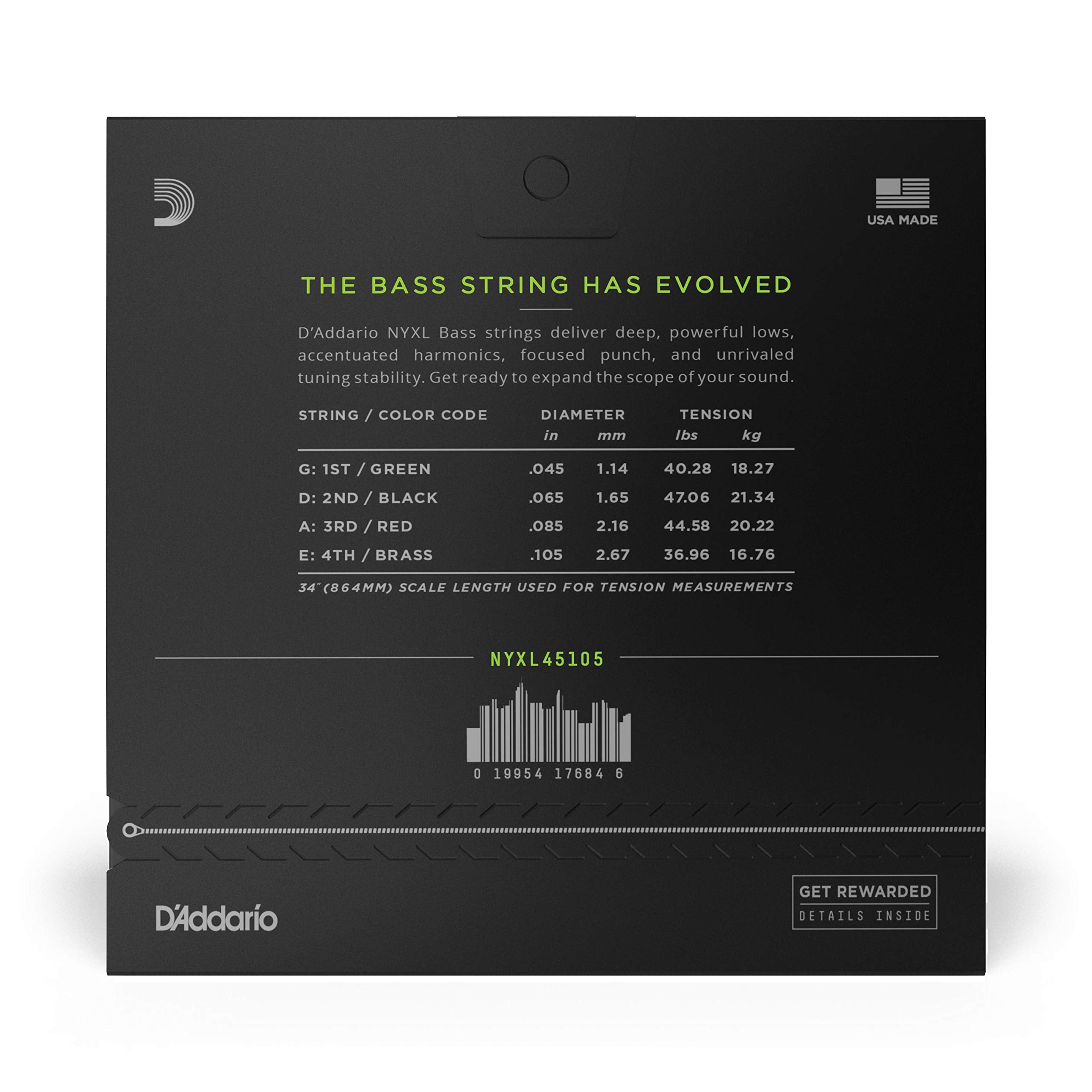 D'Addario Bass Guitar Strings - NYXL Bass Strings - NYXL45105 - Unrivaled Strength, Tuning Stability, Enhanced Response - For 4