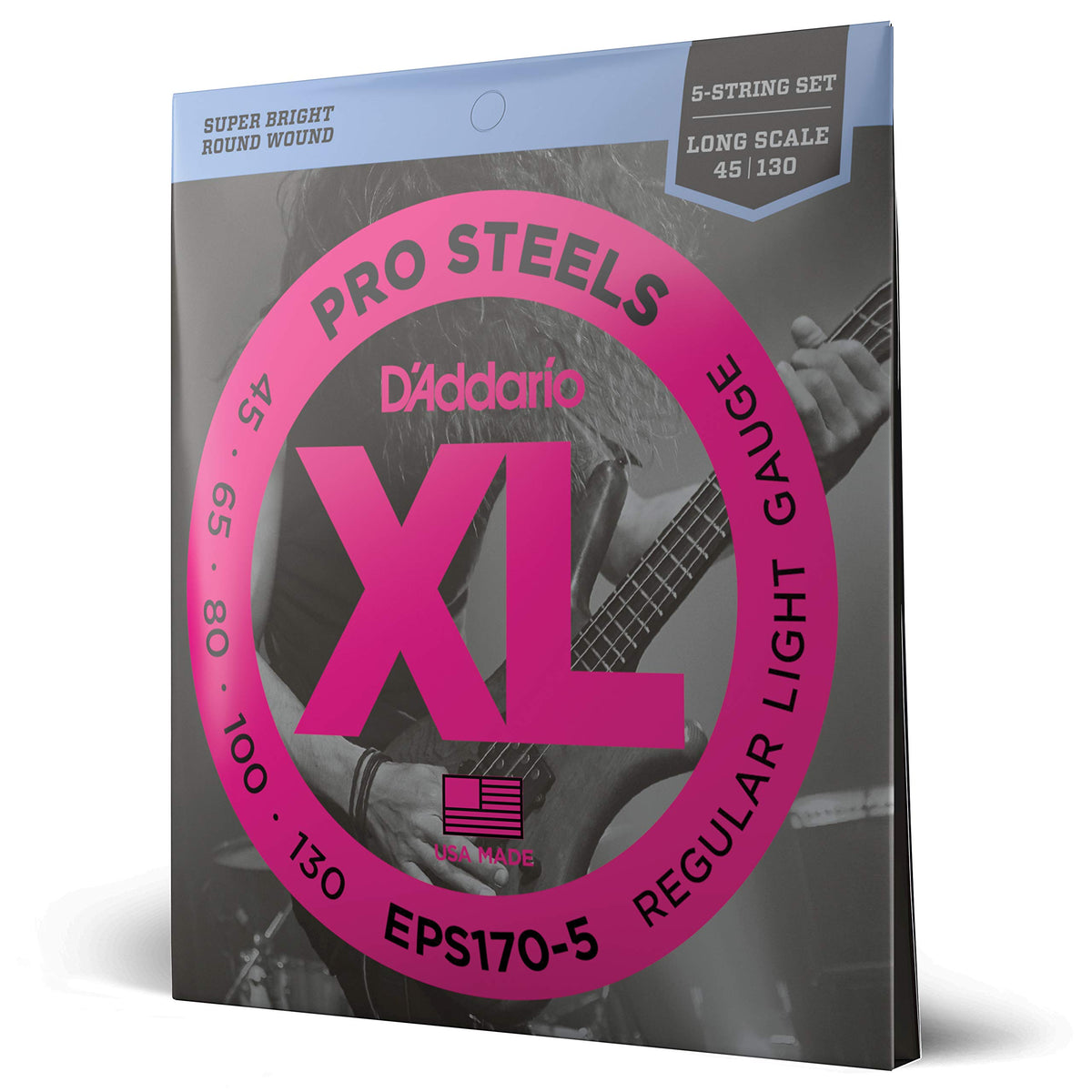 D'Addario Bass Guitar Strings, Xl Pro Steels, Eps170-5, Long Scale, Regular Light Gauge 45-130, 5-String Set, Pack Of 1