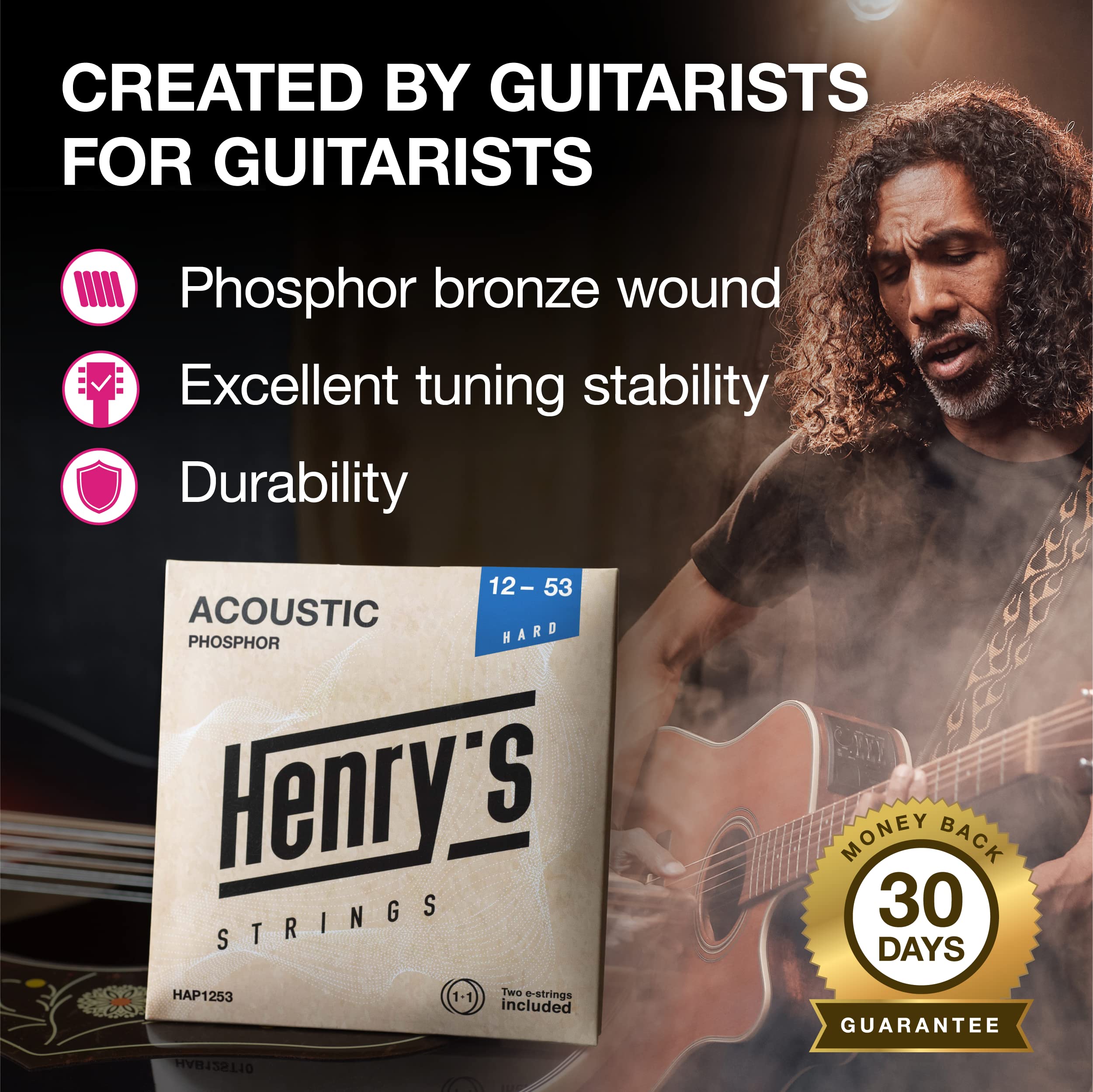 Acoustic Guitar Strings 12-53 - Professional Set - Extra E1 String & 3 Guitar Picks - Acoustic Guitar Strings 6 String Set - Pho