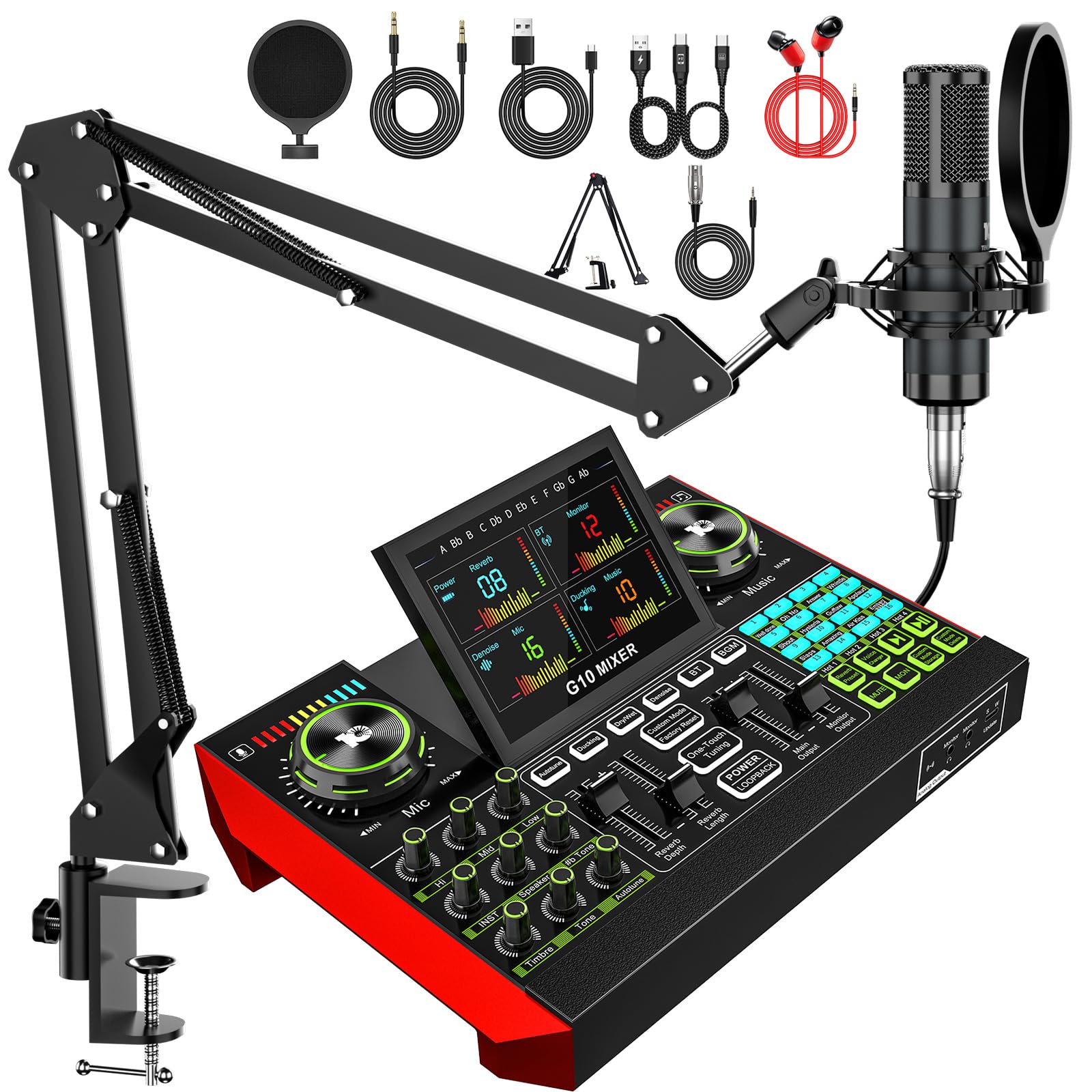 Podcast Microphone Bundle with Live Sound Board Audio Mixer, Podcast Equipment Bundle with 3.5mm Boom Mic(P15) for Pc/Phone Live