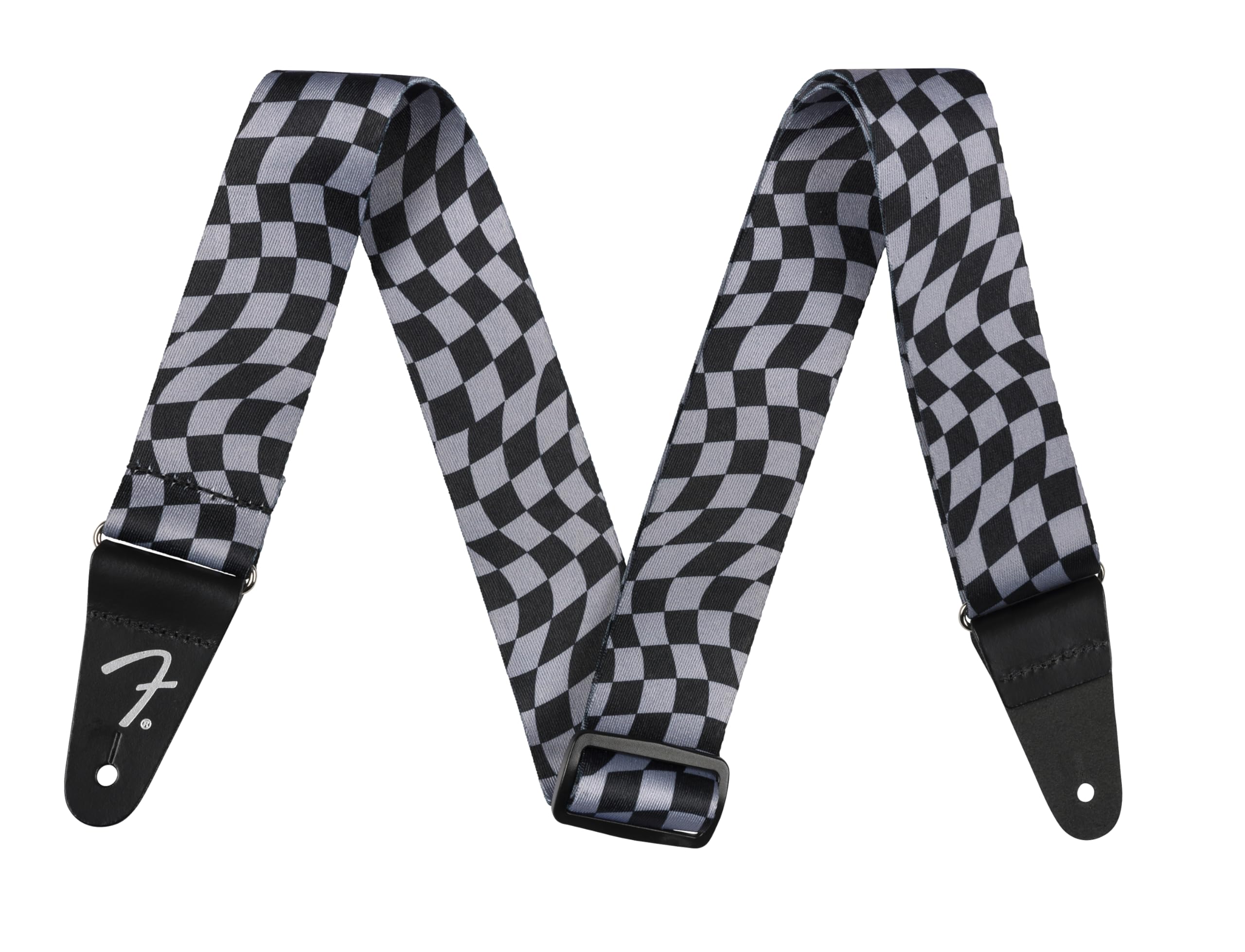 Fender Wavy Checkerboard Polyester Guitar Strap, Adjustable From 34''-59'', Leather Ends, Gray