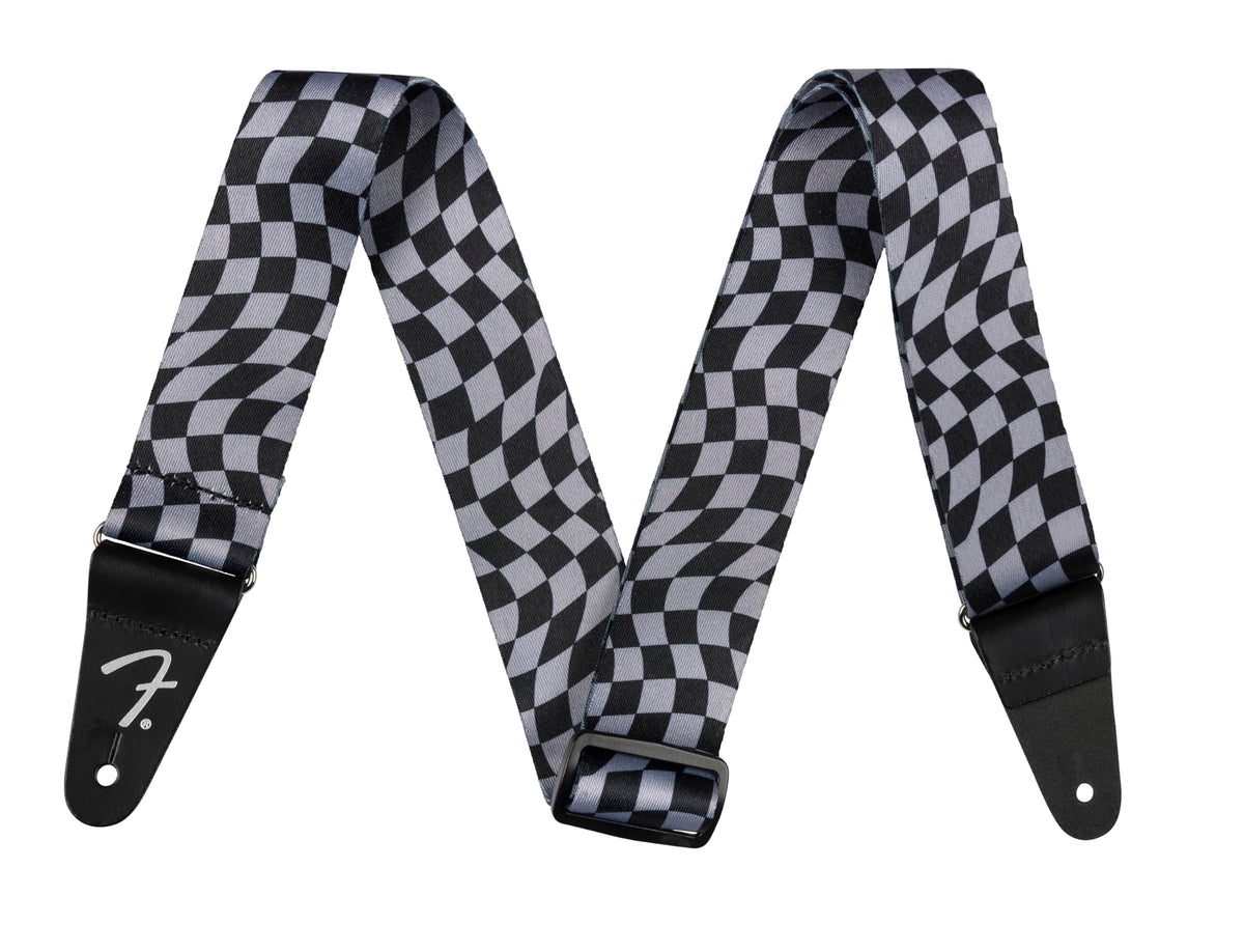 Fender Wavy Checkerboard Polyester Guitar Strap, Adjustable From 34''-59'', Leather Ends, Gray