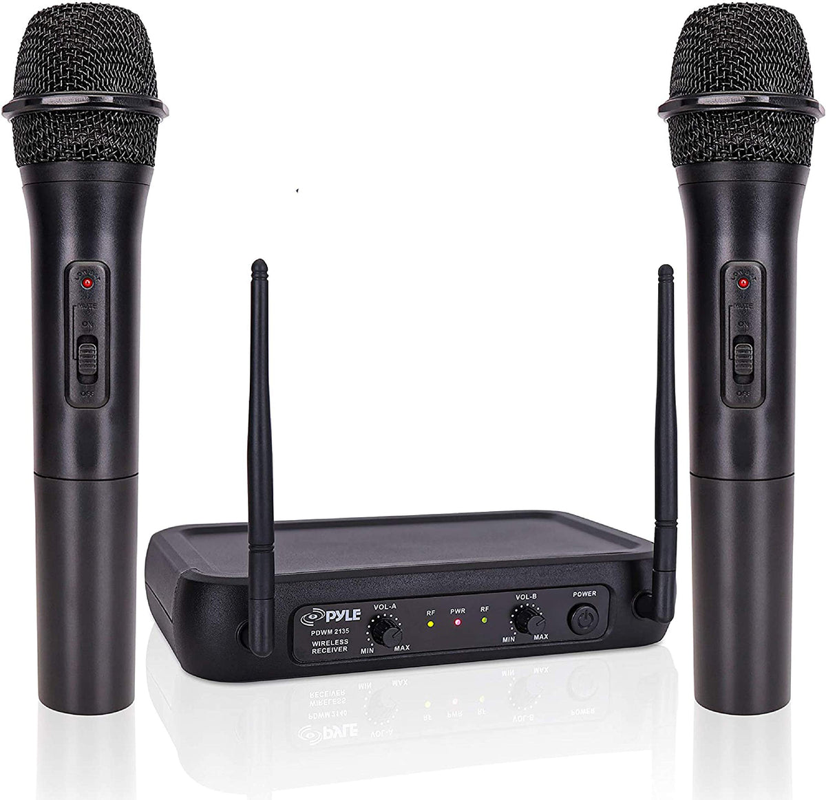 Pyle Channel Microphone System-Vhf Fixed Dual Frequency Wireless Set With 2 Handheld Dynamic Transmitter Mics, Receiver Base-For