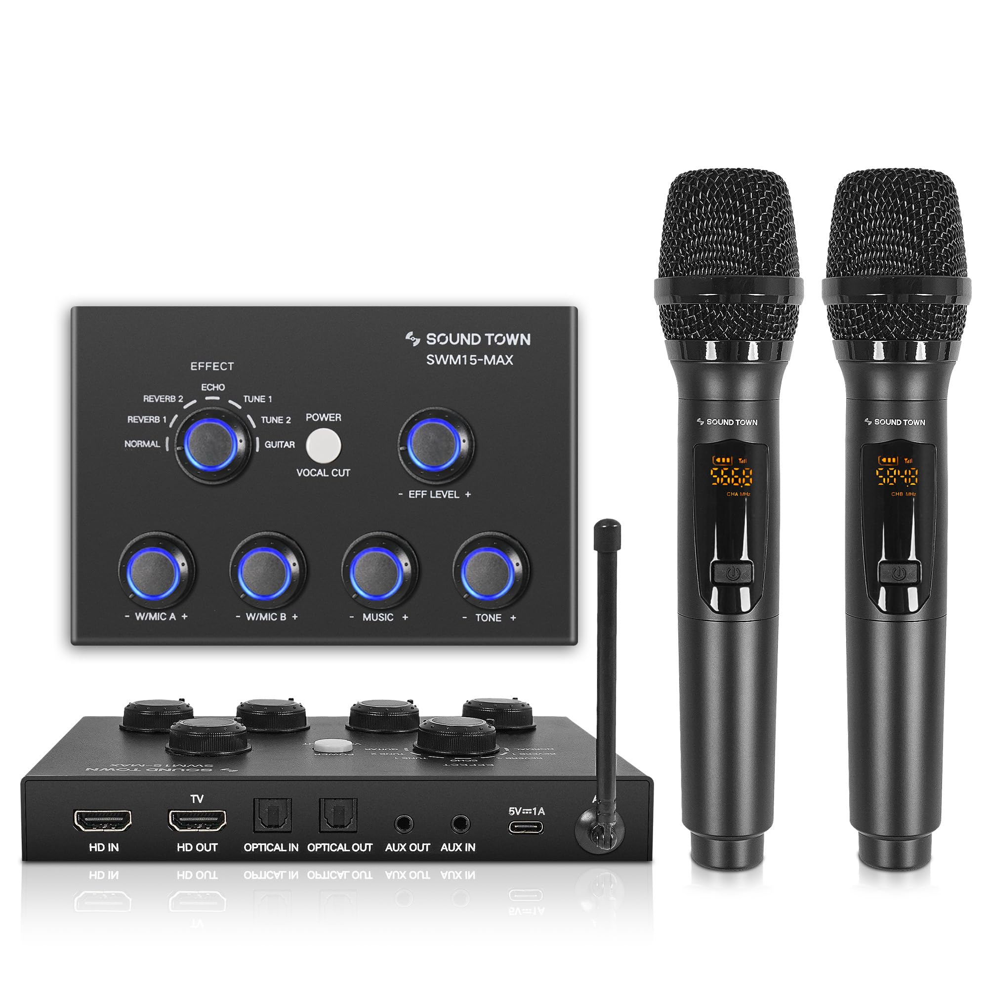 Sound Town 16 Channels Wireless Microphone Karaoke Mixer System W/ 2 Wireless Mics, Hd Arc, Optical (Toslink), Aux, Supports Sma