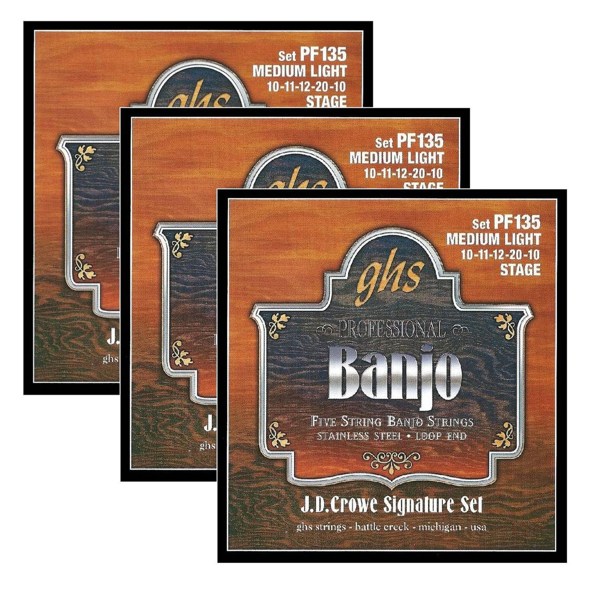 Ghs Strings Pf135 J.D. Crowe Signature Series (Stage), 5-String Stainless Steel Banjo Strings, Medium Light (10-20), Pack Of 3