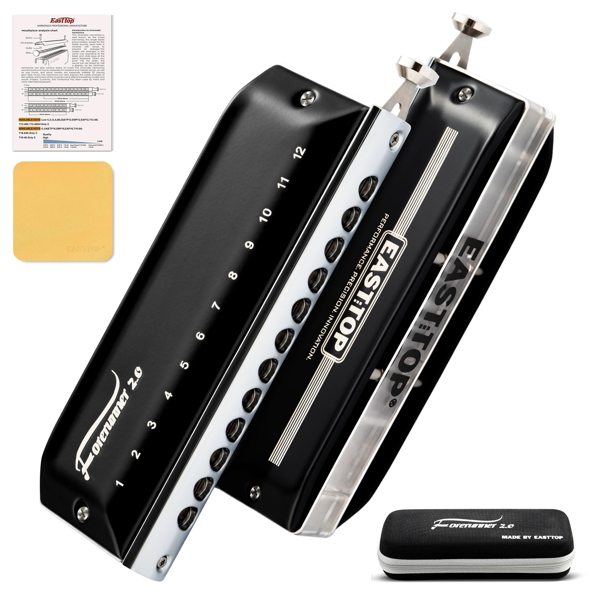 EAST TOP FORERUNNER 2.0 without valves Chromatic Harmonica 12-Hole 48 Tones C Key Chromatic Mouth Organ Harmonica for Adults,Beg