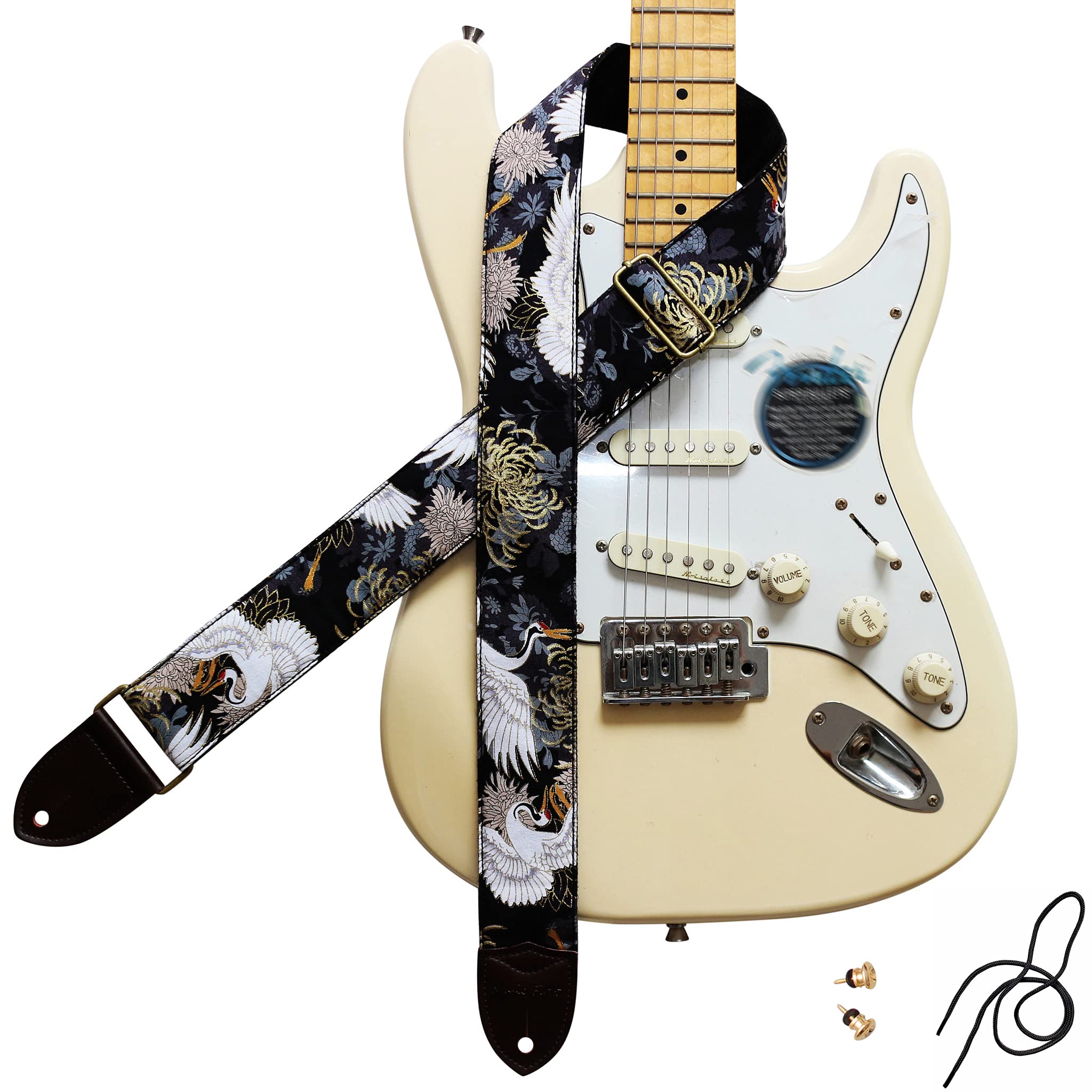 MUSIC FIRST Original Design, 2 inch width (5cm), Vintage Ukiyoe Style Chrysanthemum & Crane in Black Electric Guitar Strap Bass 