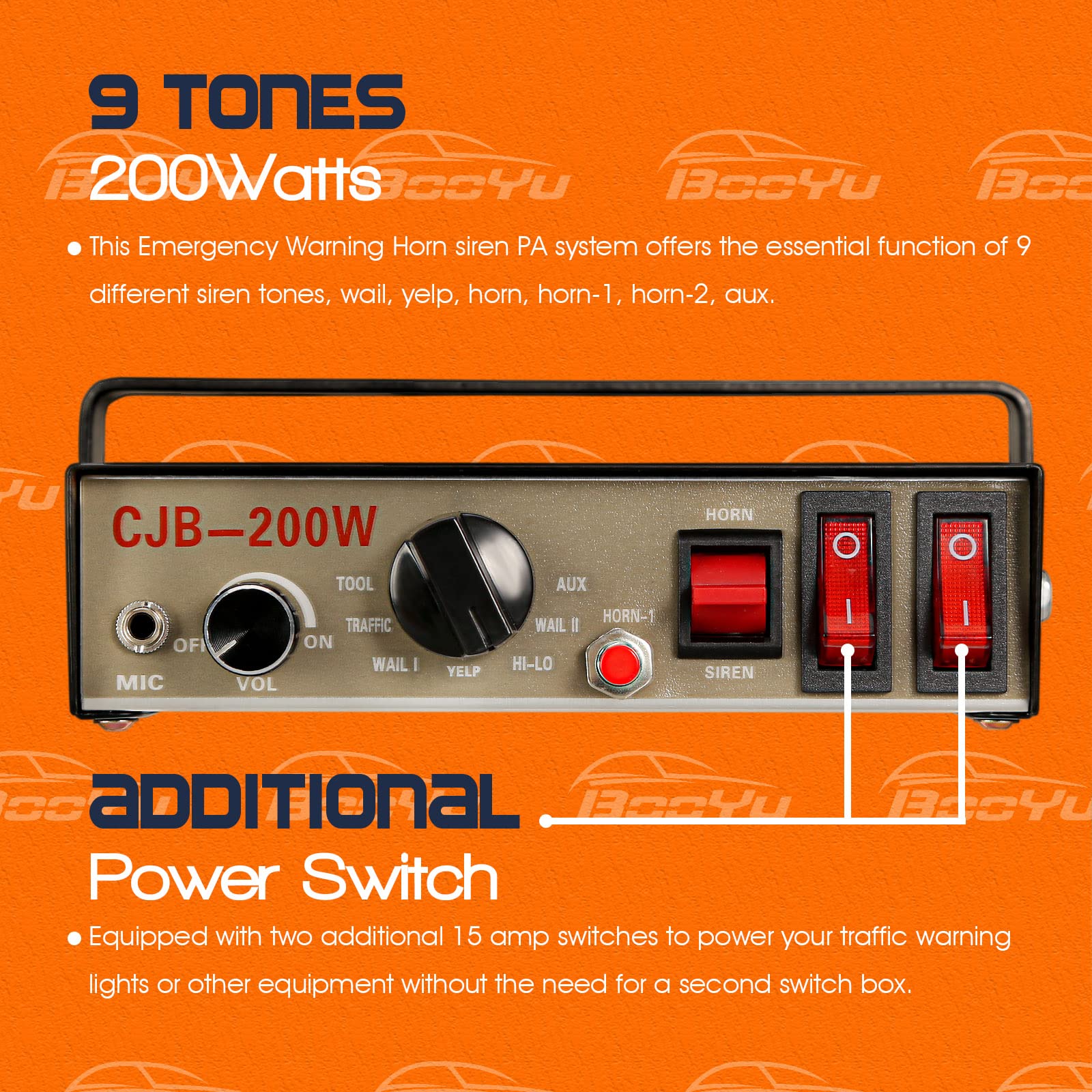 BooYu 12V 200W 9 Tones Police Warning Emergency Siren PA System [Black Steel Speaker][125-135dB][Handheld Microphone][Hands-Free