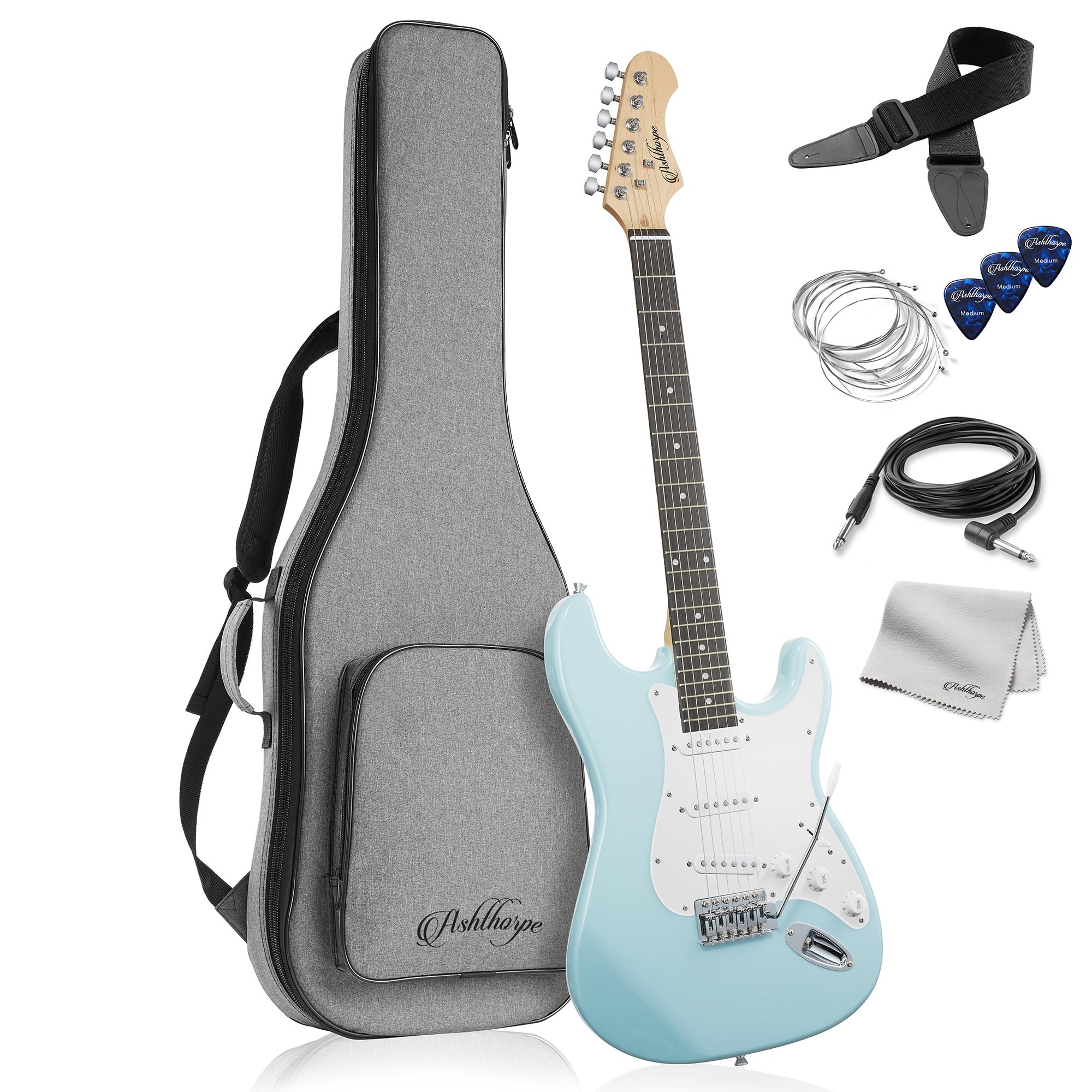 Ashthorpe 39-Inch Electric Guitar (Light Blue-Silver), Full-Size Guitar Kit With Padded Gig Bag, Tremolo Bar, Strap, Strings, Ca