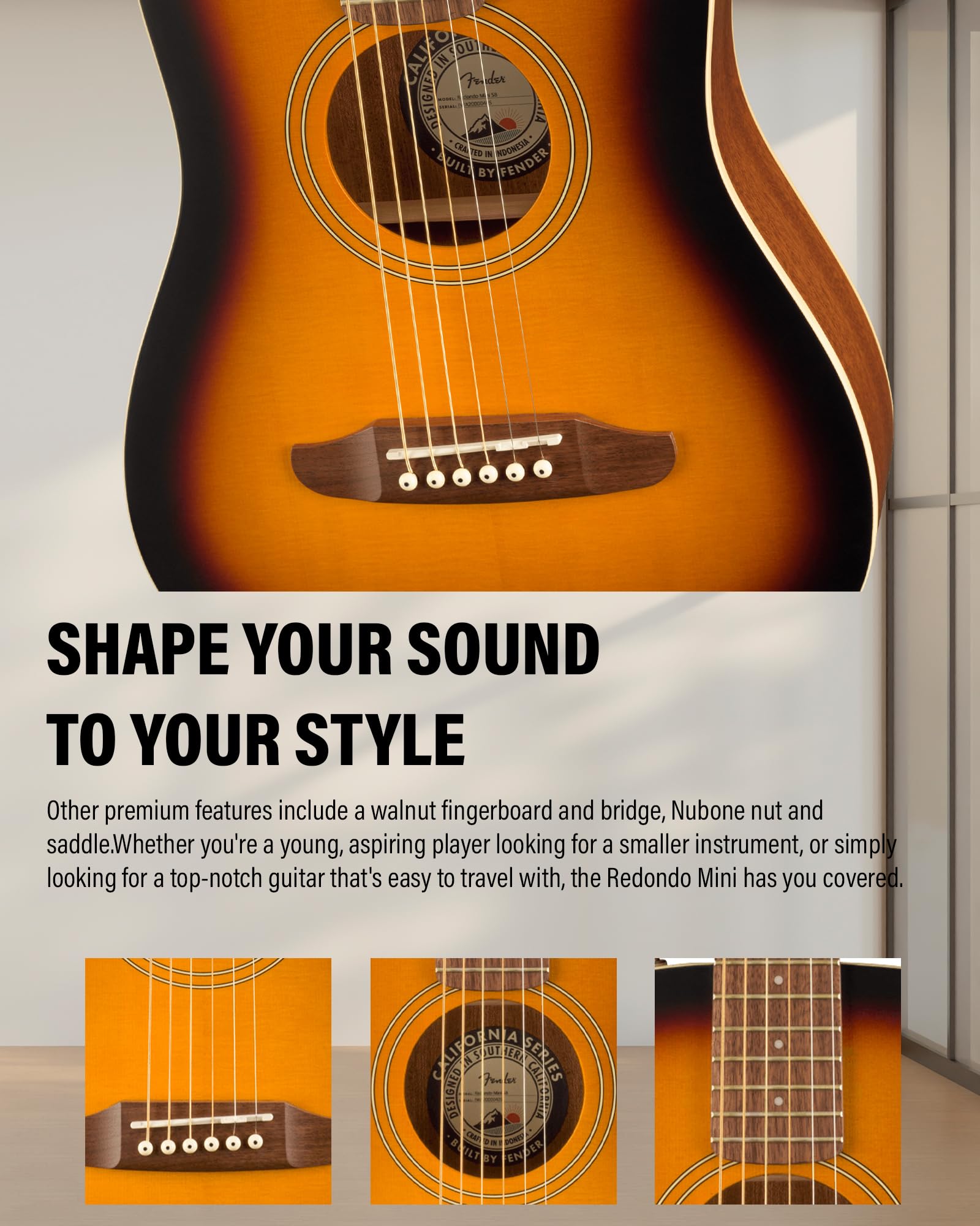 Fender Redondo Mini Acoustic Guitar Bundle with Gig Bag, Strap, Clip-on Tuner, Strings, String Winder, Picks, and Austin Bazaar