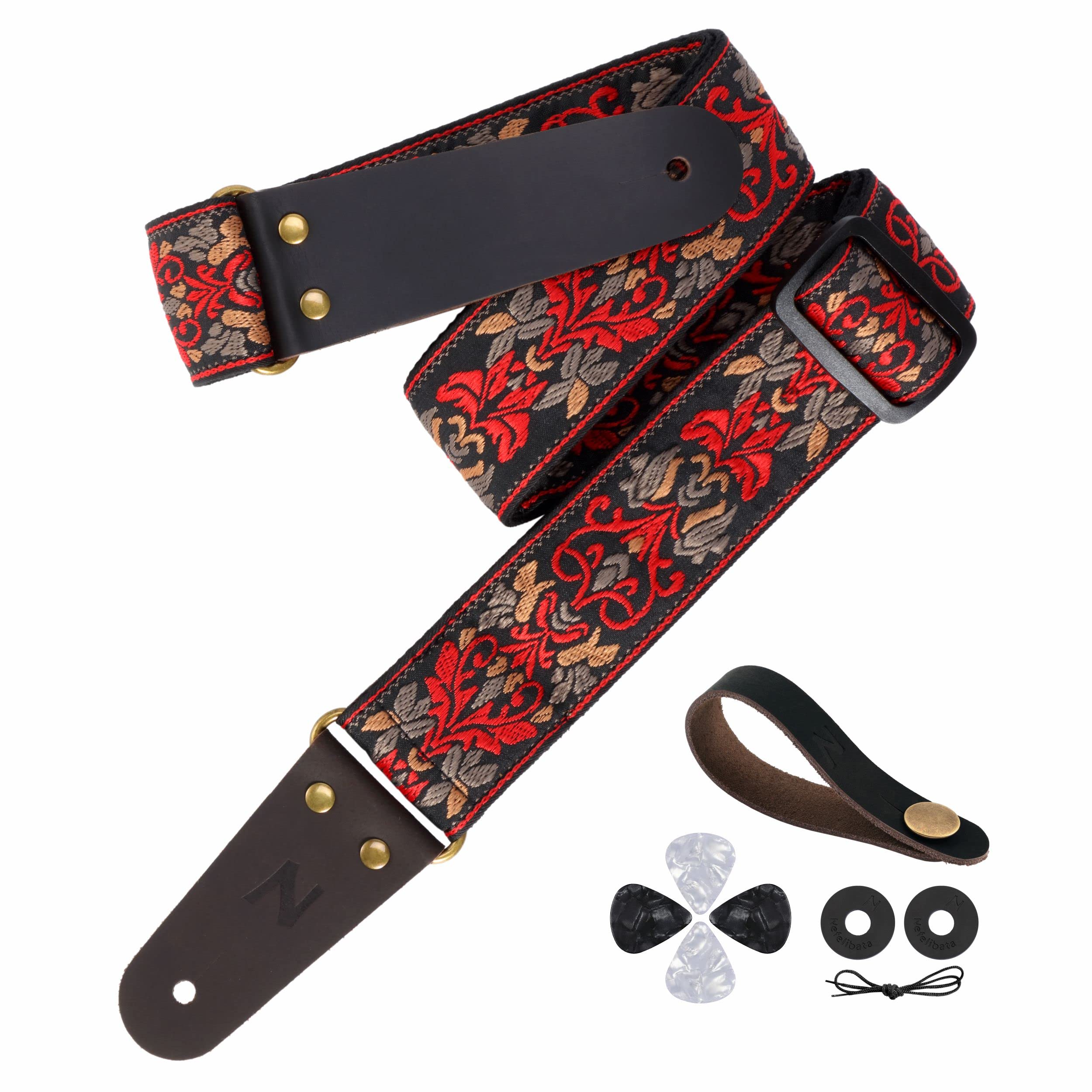 Nefelibata Guitar Strap, 2'' Jacquard Embroidery Guitar Straps, Full Grain Leather Ends With Hidden Pocket, For Bass, Electric A