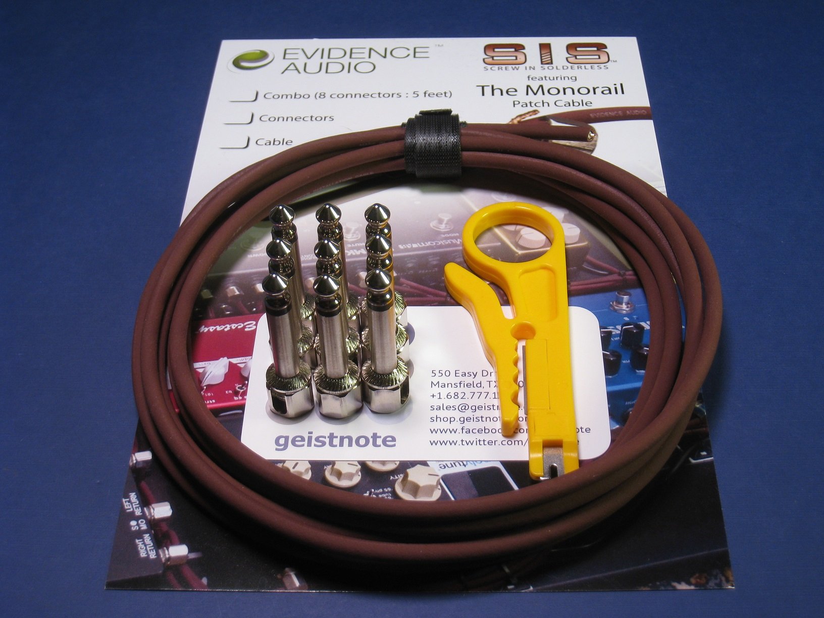 Geistnote's Evidence Audio The Monorail, Burgundy Cable, SIS (Solderless) Pedalboard Kit - 20 SIS plugs/10 feet of Burgundy Mono