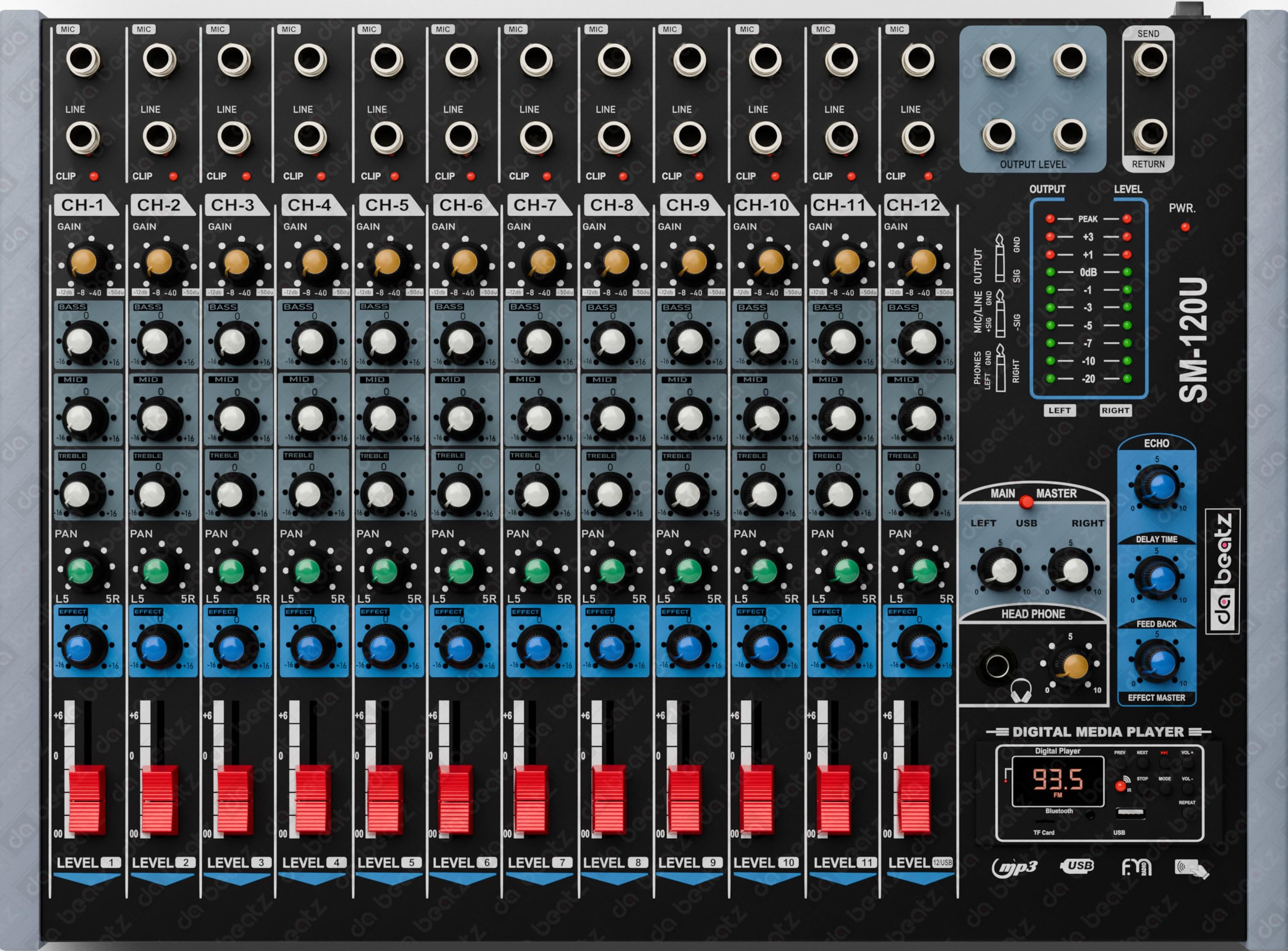 DaBeatz SM120U Professional 12 Channel Audio Mixer, Stereo Echo DJ Sound Mixer for Parties, Stage Effects, Weddings, Karaoke & S