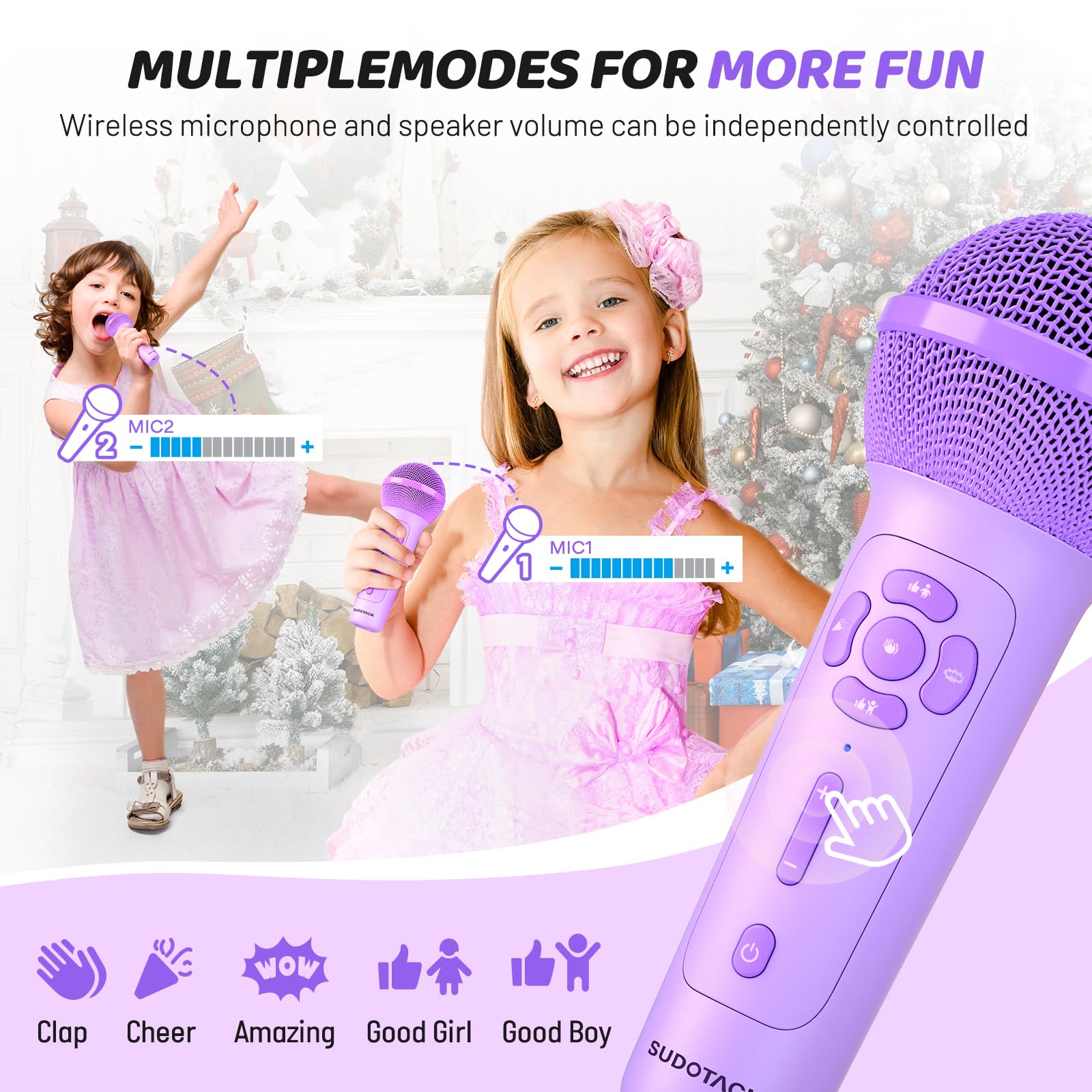 SUDOTACK Mini Karaoke Machine for Kids, Portable Bluetooth Karaoke Speaker with 2 Wilreless Microphones with LED Lights, Birthda
