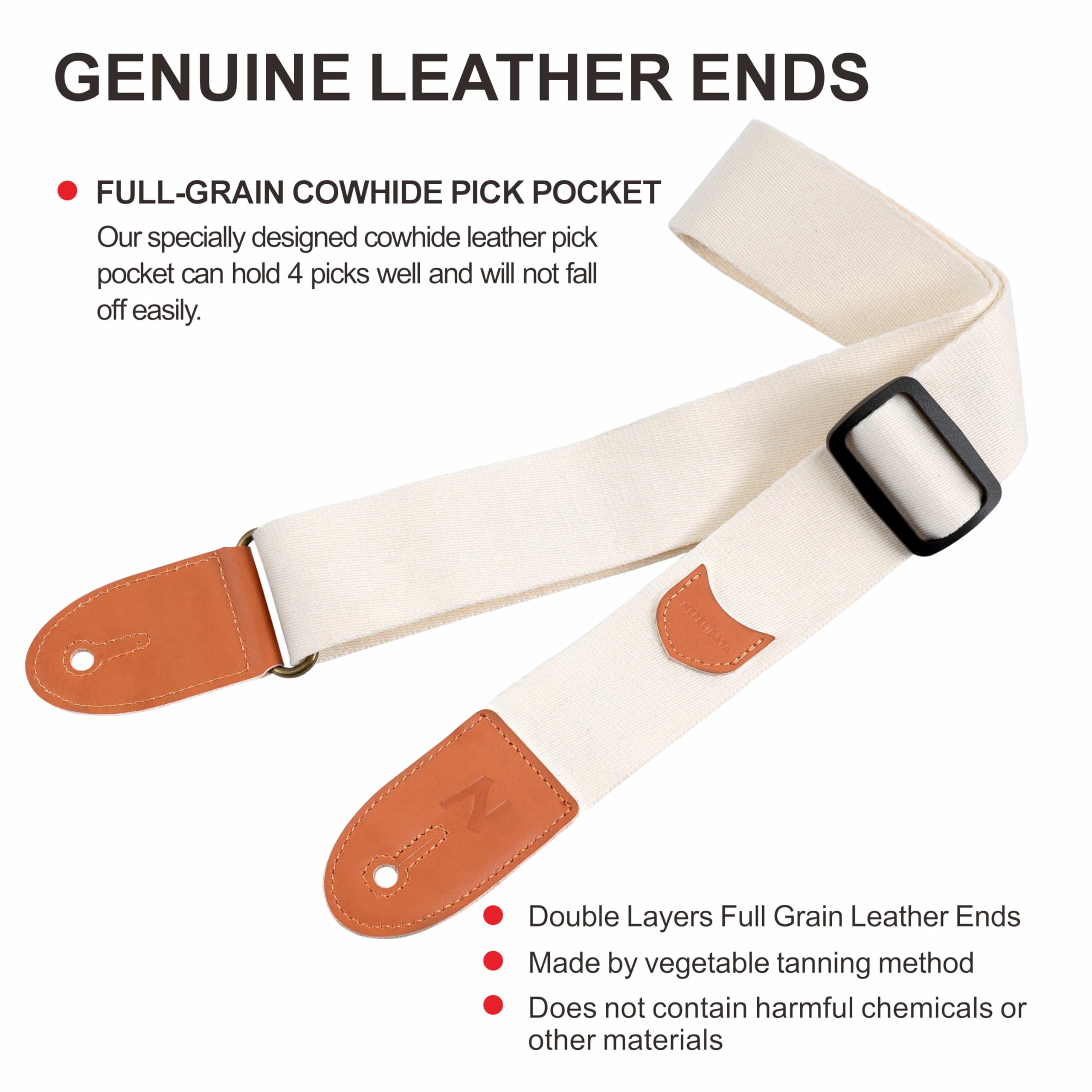 Nefelibata Guitar Strap, 100% Cotton Full Grain Leather Ends Guitar Straps with Pick Pocket for Bass, Electric & Acoustic Guitar