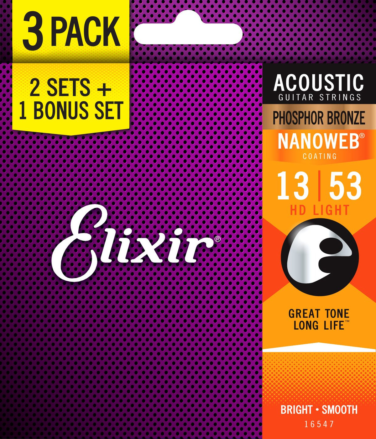 Elixir Strings 16547 Acoustic Phosphor Bronze Guitar Strings With Nanoweb Coating, 3 Pack, Hd Light (.013-.053)