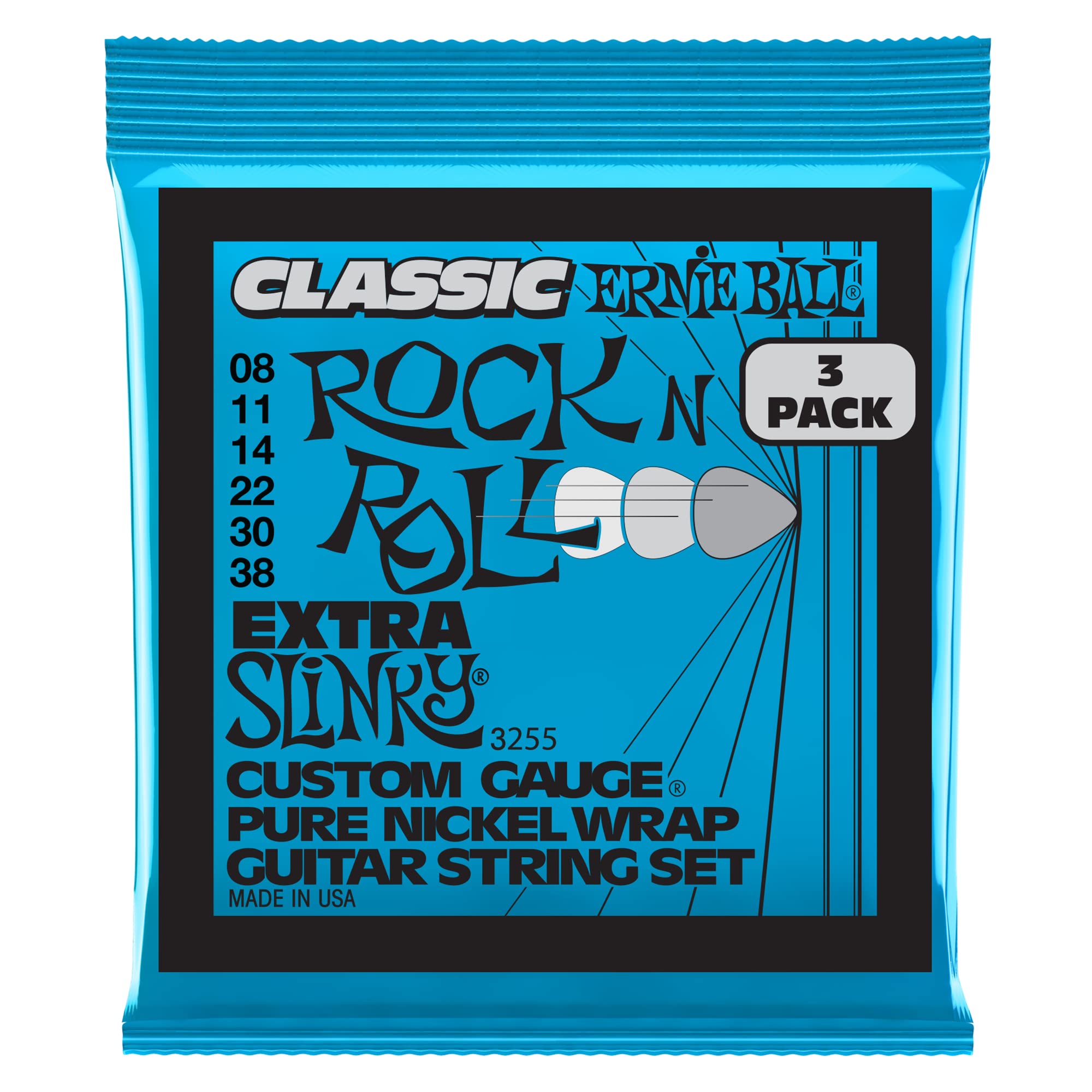 Ernie Ball Extra Slinky Classic Pure Nickel Electric Guitar Strings 3-Pack, 8-38 Gauge (P03255)