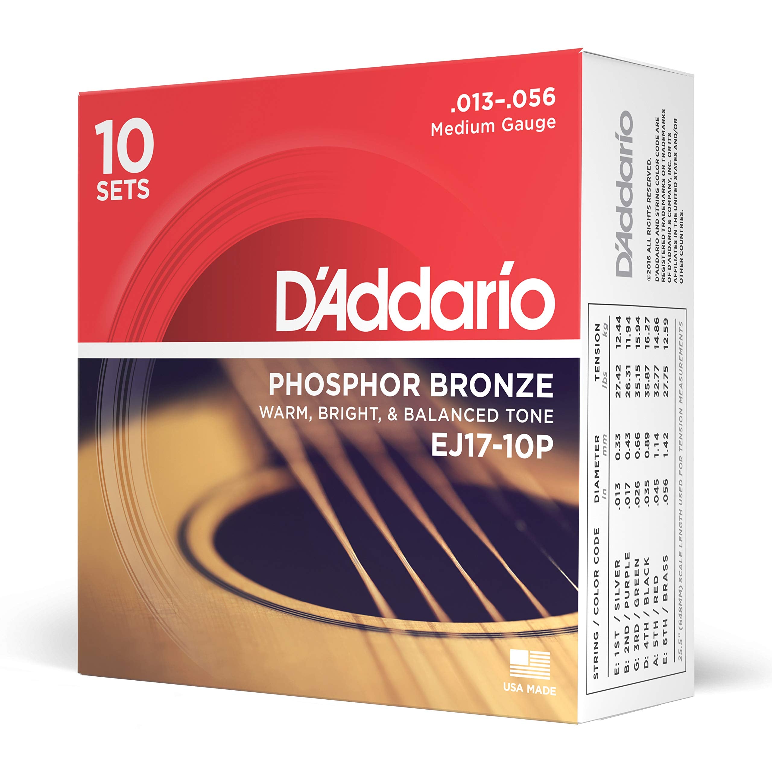 Daddario Guitar Strings - Phosphor Bronze Acoustic Guitar Strings - Ej17-10P - Rich, Full Tonal Spectrum - For 6 String Guitars