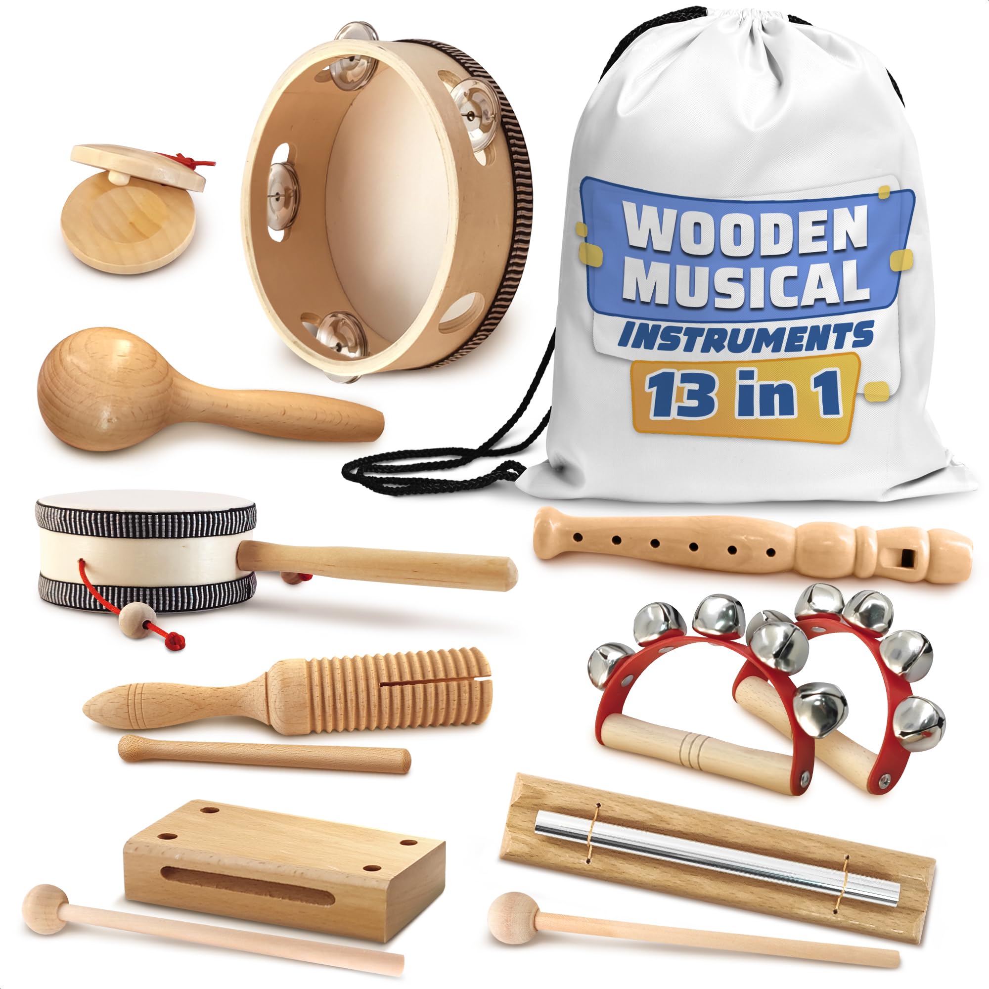 Wooden Musical Instruments Set - 13-Piece Music Instruments Kit with Durable Storage Bag - Enhances Rhythm and Coordination - Pe