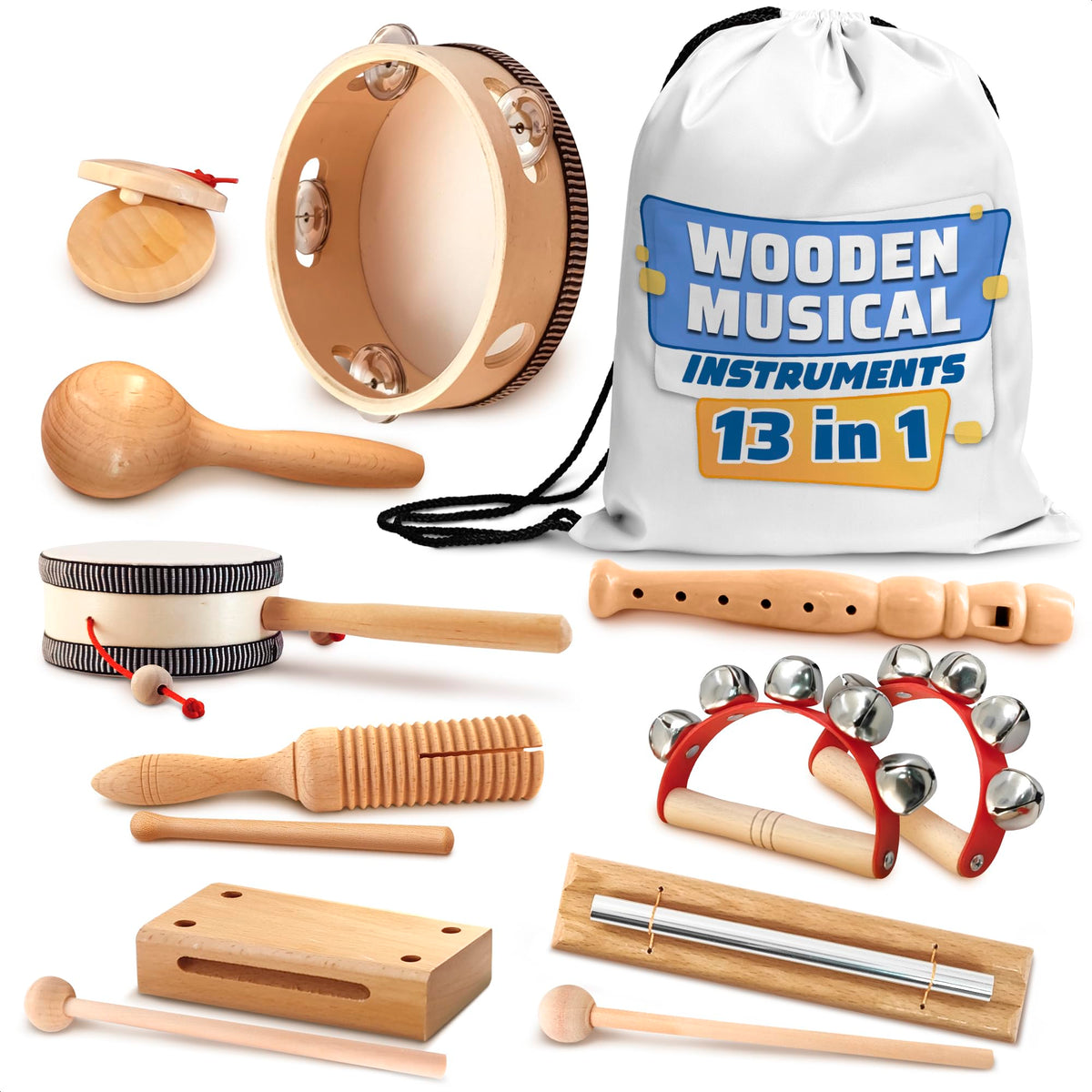 Wooden Musical Instruments Set - 13-Piece Music Instruments Kit with D ...