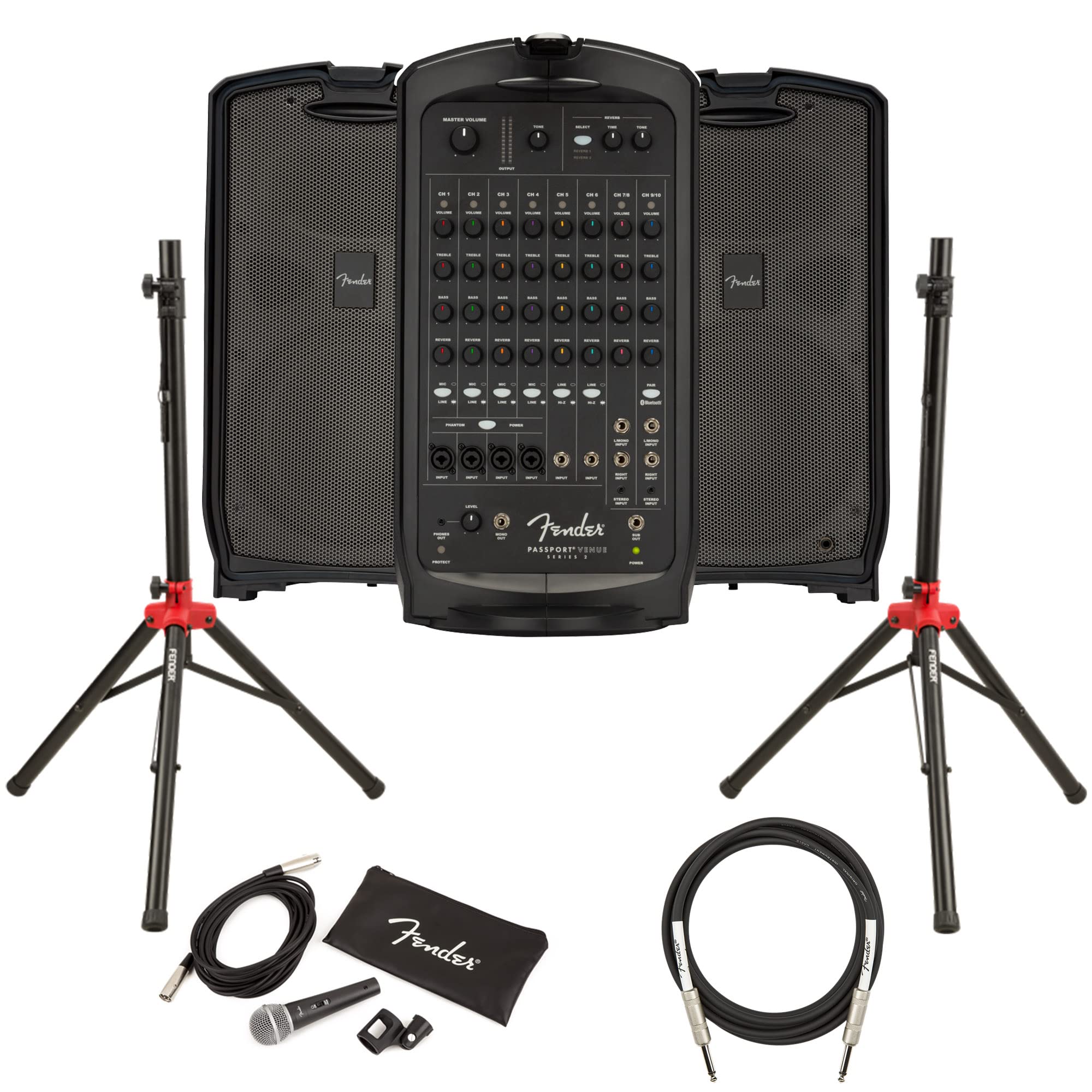 Fender Passport Venue S2 Portable PA System Bundle with Compact Speaker Stands, Microphone, Mic Stand Clip, XLR Cable, and Instr