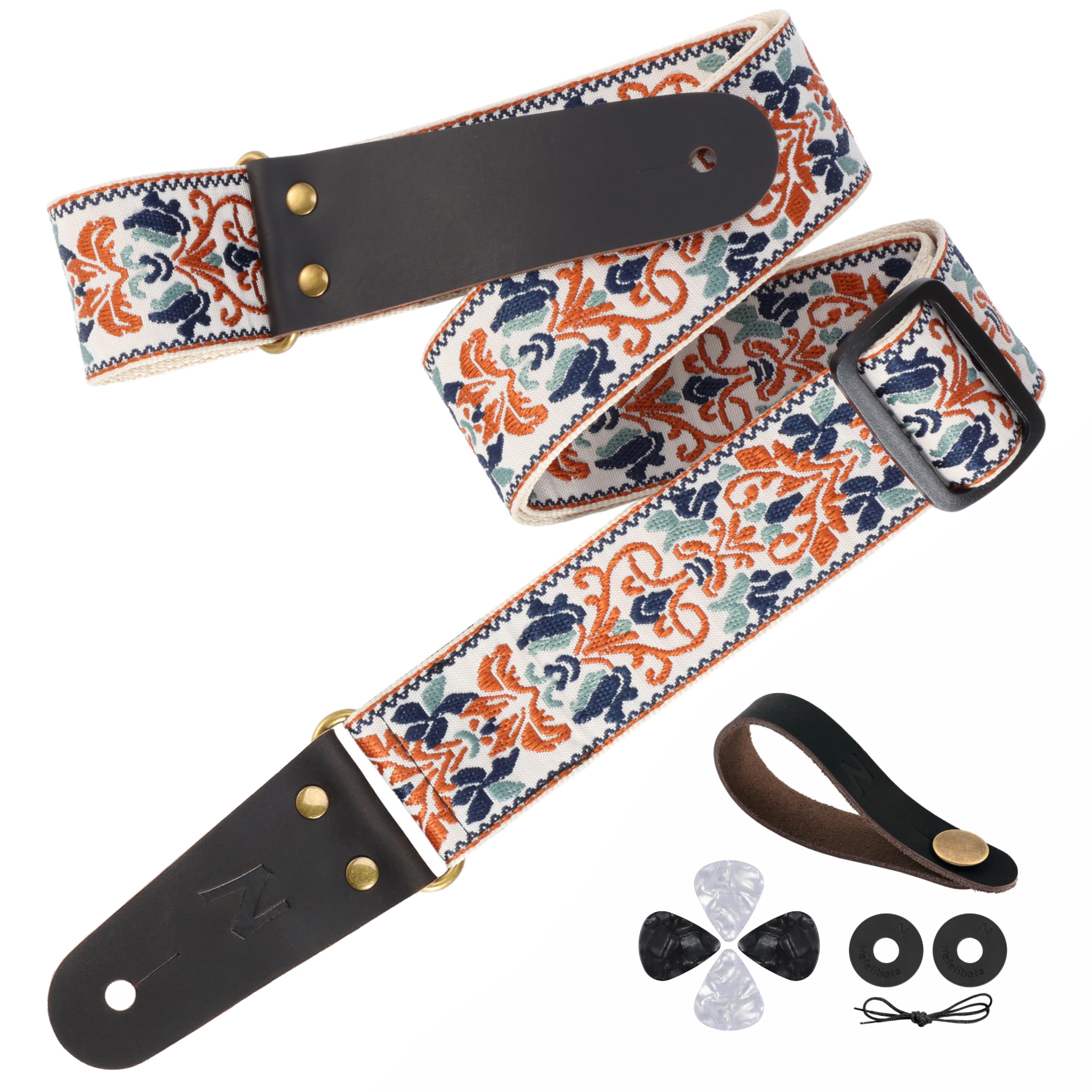 Nefelibata Guitar Strap, 2'' Jacquard Embroidery Guitar Straps, Full Grain Leather Ends With Invisible Pocket, For Bass, Electri