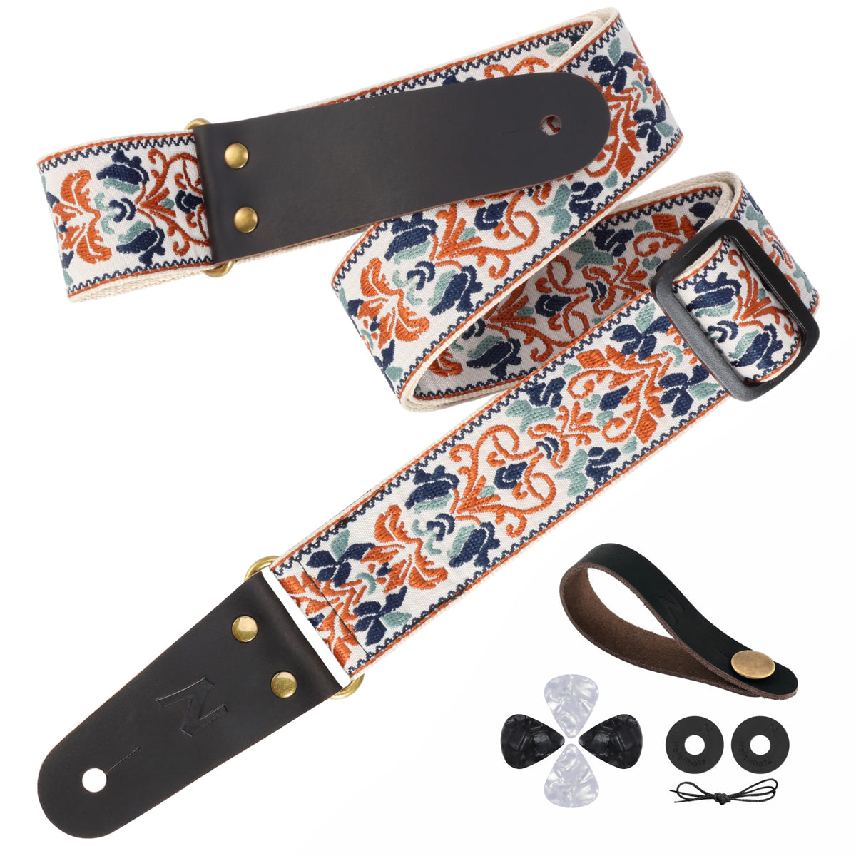 Nefelibata Guitar Strap, 2'' Jacquard Embroidery Guitar Straps, Full Grain Leather Ends With Invisible Pocket, For Bass, Electri