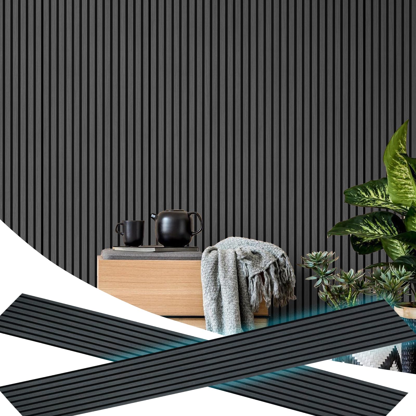 E-HAO 2 Piece Wood Slat Acoustic Panels for Stylish Decor and Noise Reduction, 3D Textured Panel for Ceiling and Wall - Black Oa