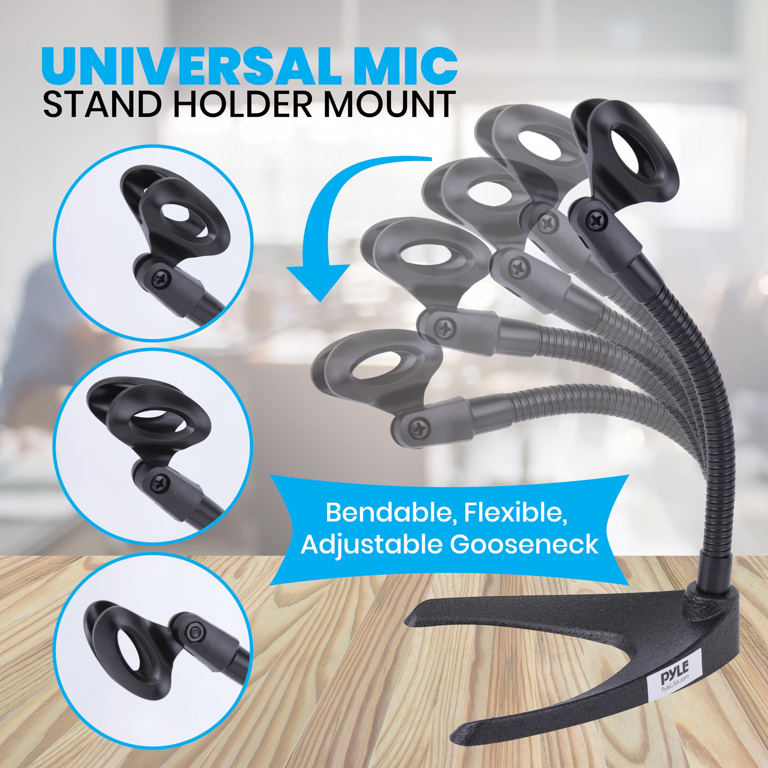 Pyle Desktop Microphone Stand - Universal Tabletop Mic Holder w/ Flexible 8.2'' Inch Gooseneck Mount and Solid U Shape Base - Pe