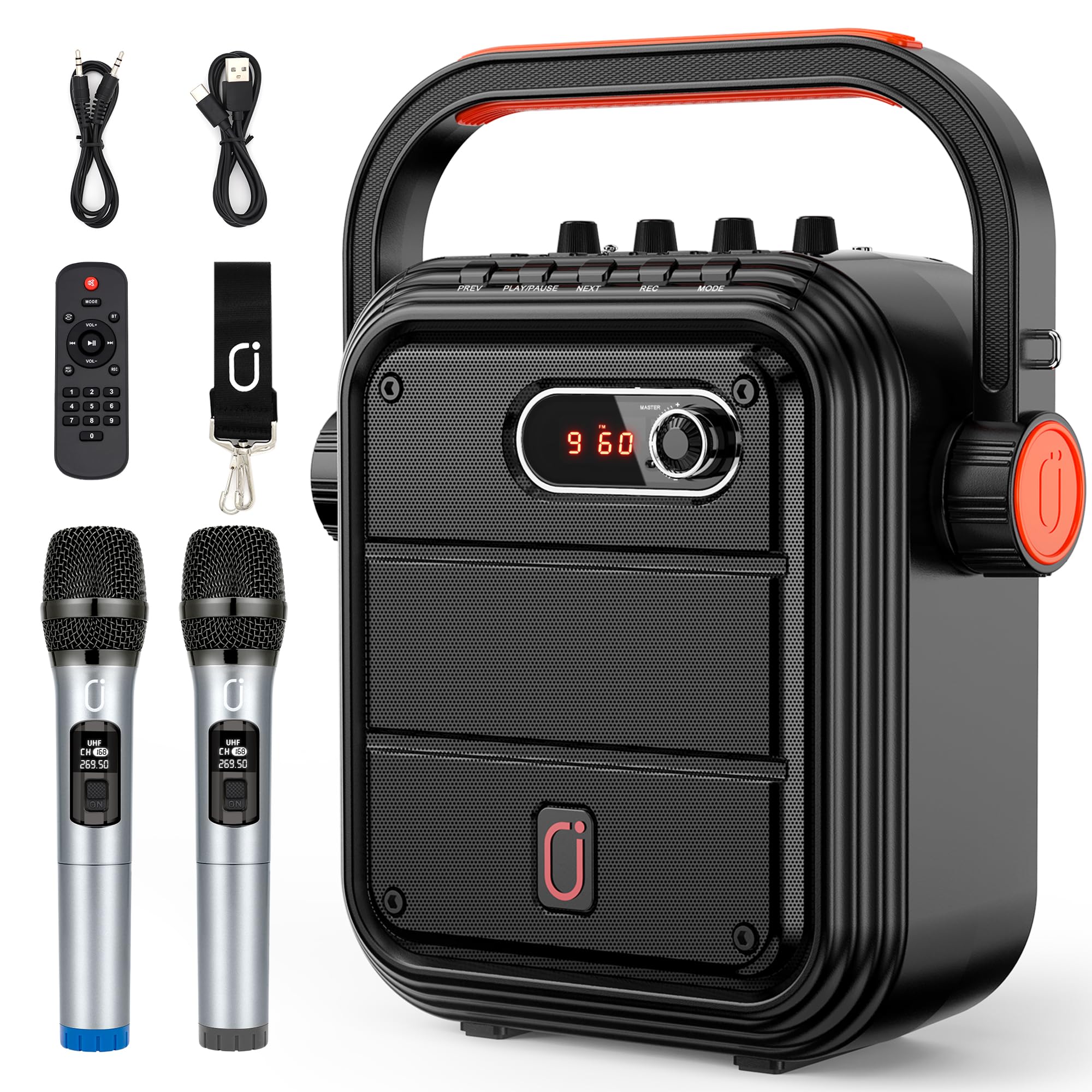 JYX 66BT Karaoke Machine with 2 UHF Wireless Microphones, Portable Bluetooth PA System with Shoulder Strap, Subwoofer Support TW
