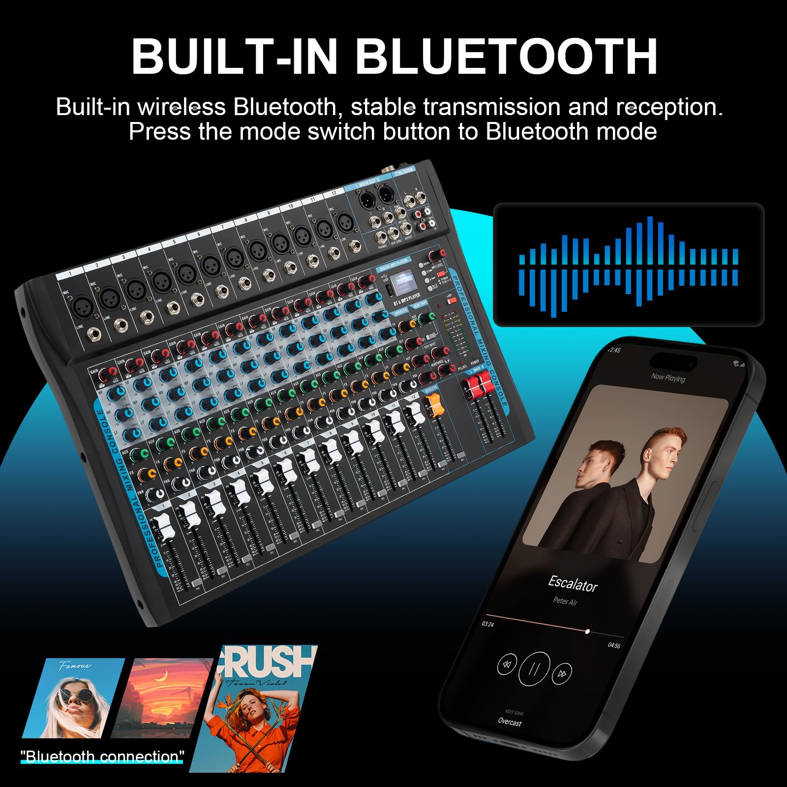 SIKUING 12 Channel Audio Interfacer Sound Board Mixer DJ Mixer 16-Bit DSP Effect USB Audio Mixer +48V Phantom Power Bluetooth Mi