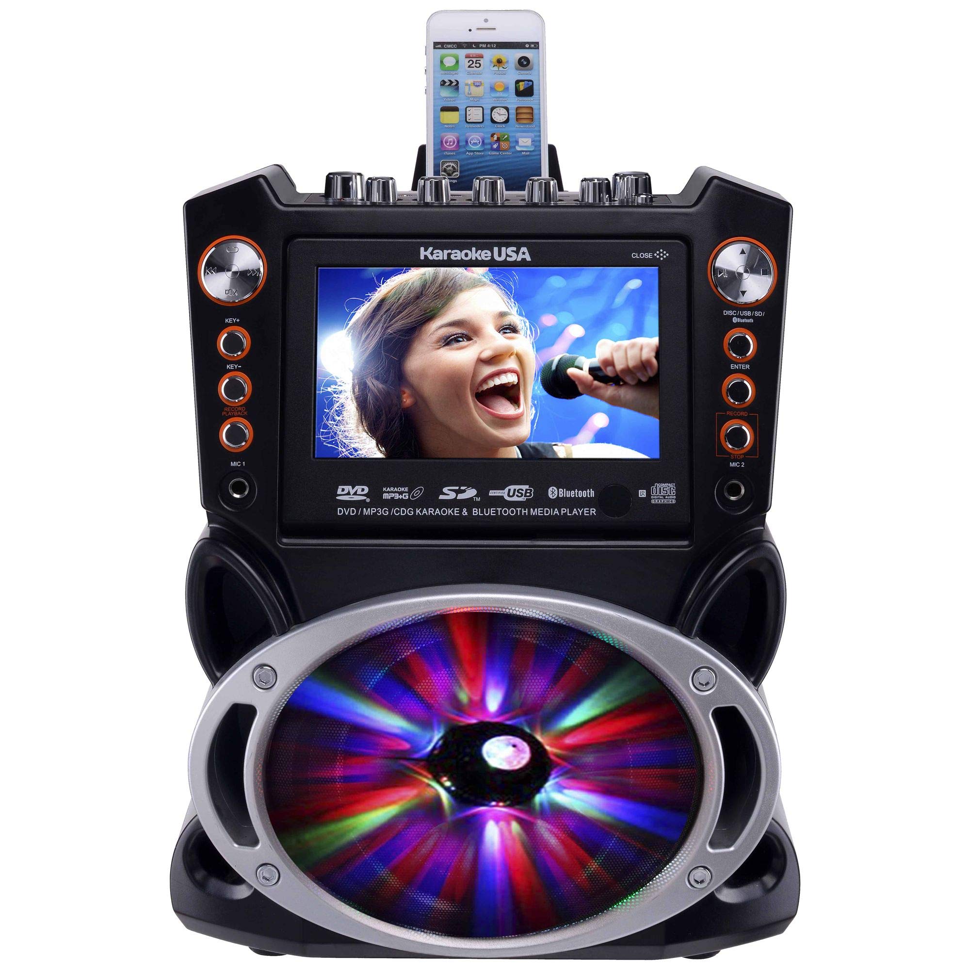 Karaoke USA GF845 Complete Karaoke System with 2 Microphones, Remote Control, 7    Color Display, LED Lights - Works with DVD, B