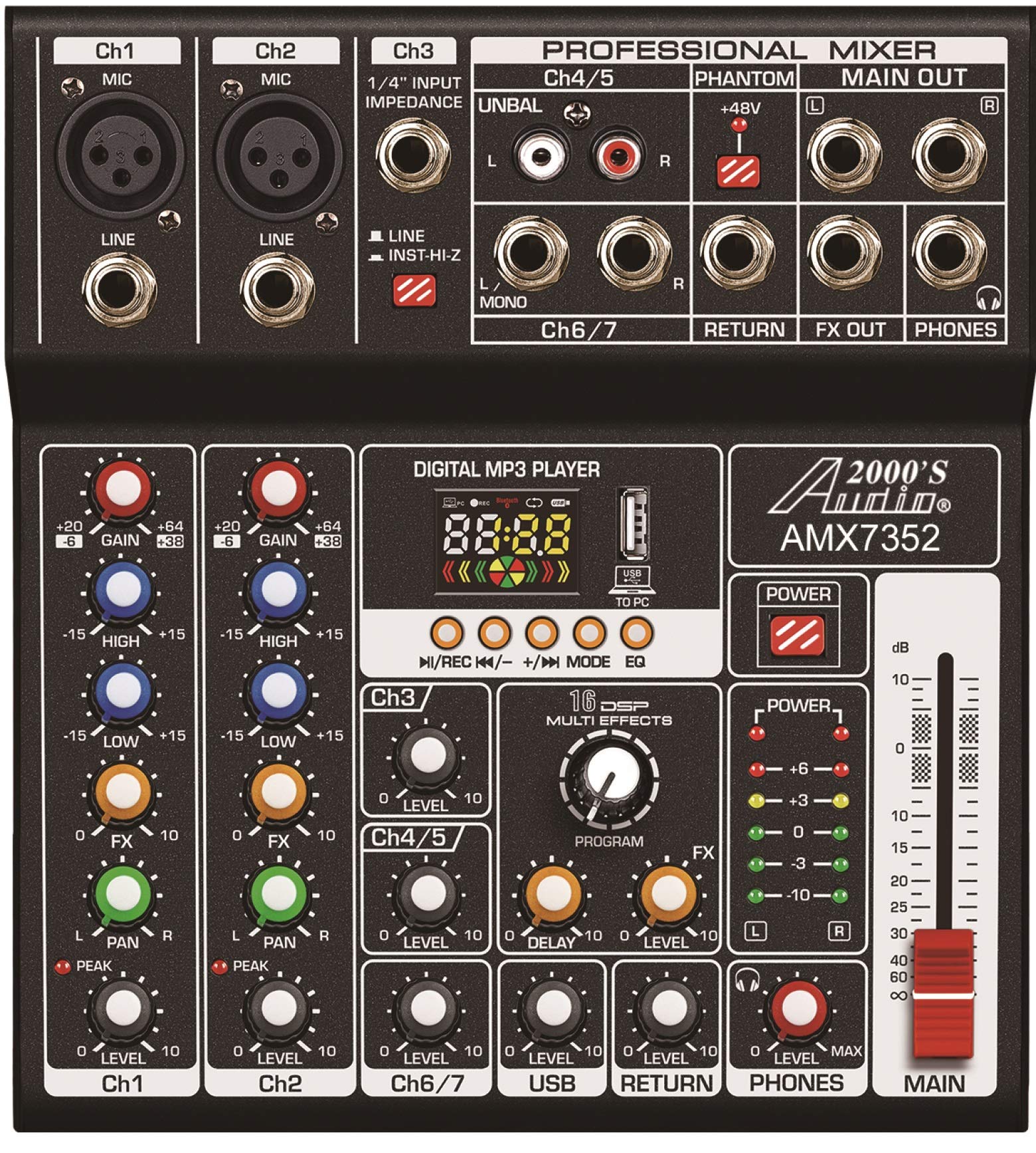Audio2000'S Amx7352 Seven-Channel Audio Mixer With Usb 5V Power Supply, Usb Interface, And Sound Effect