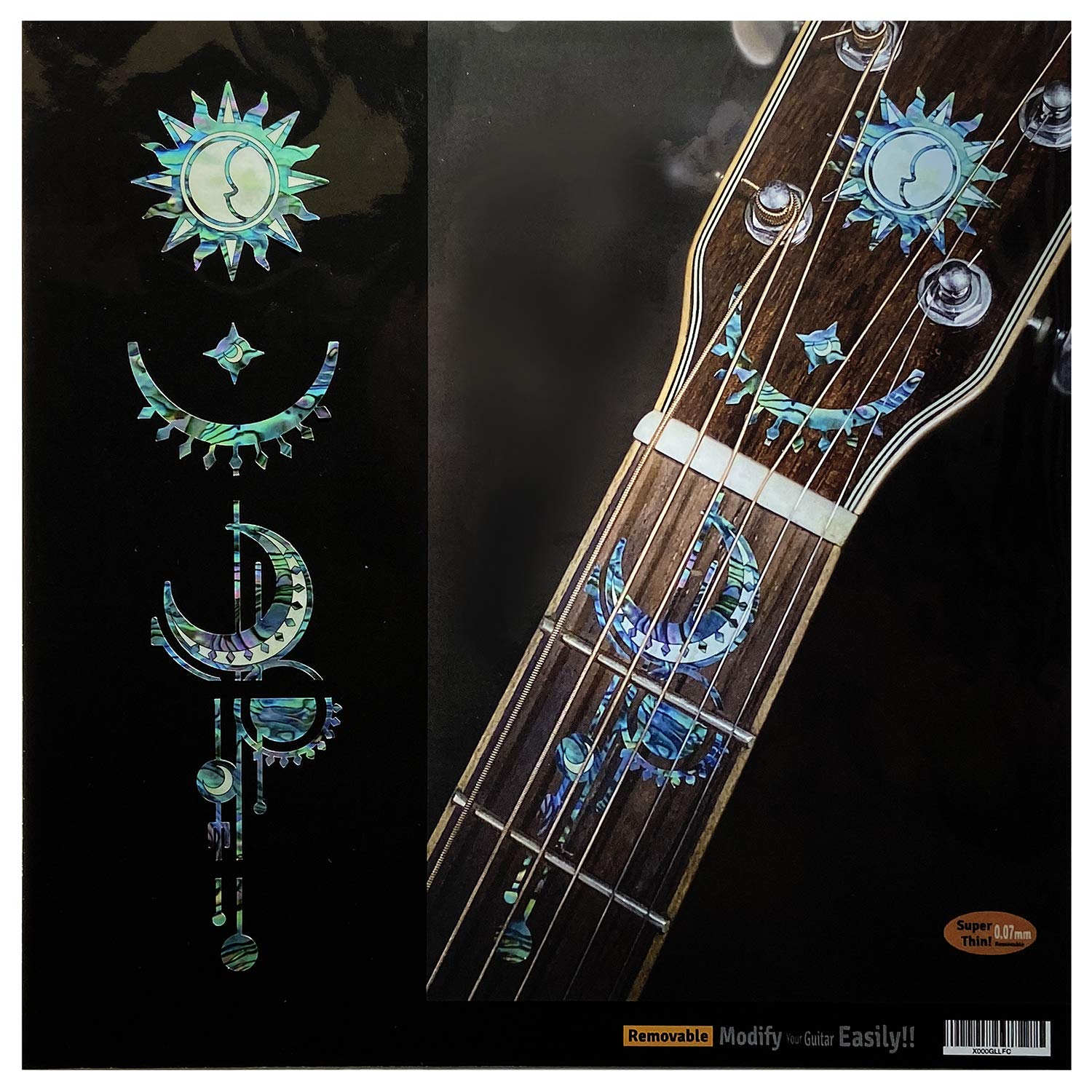 Inlaystickers For Acoustic Guitars Head & Neck - Geometric Sun & Moon - Abalone Blue, F-324Gsm-Bl