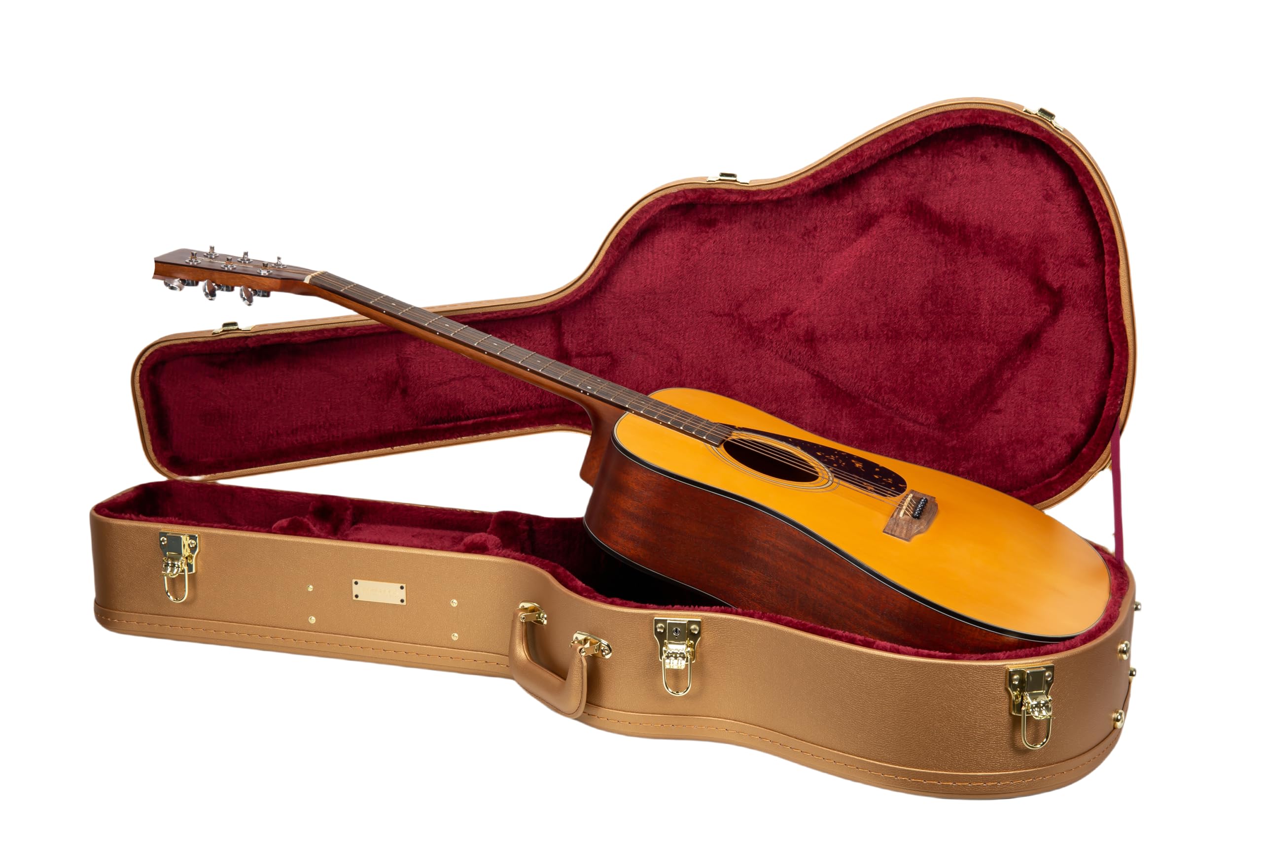 Crossrock Wooden Dreadnought Guitar Case For Martin D-28 / Taylor Grand Auditorium | Luxury Gold Faux Leather, Burgundy Velvet I