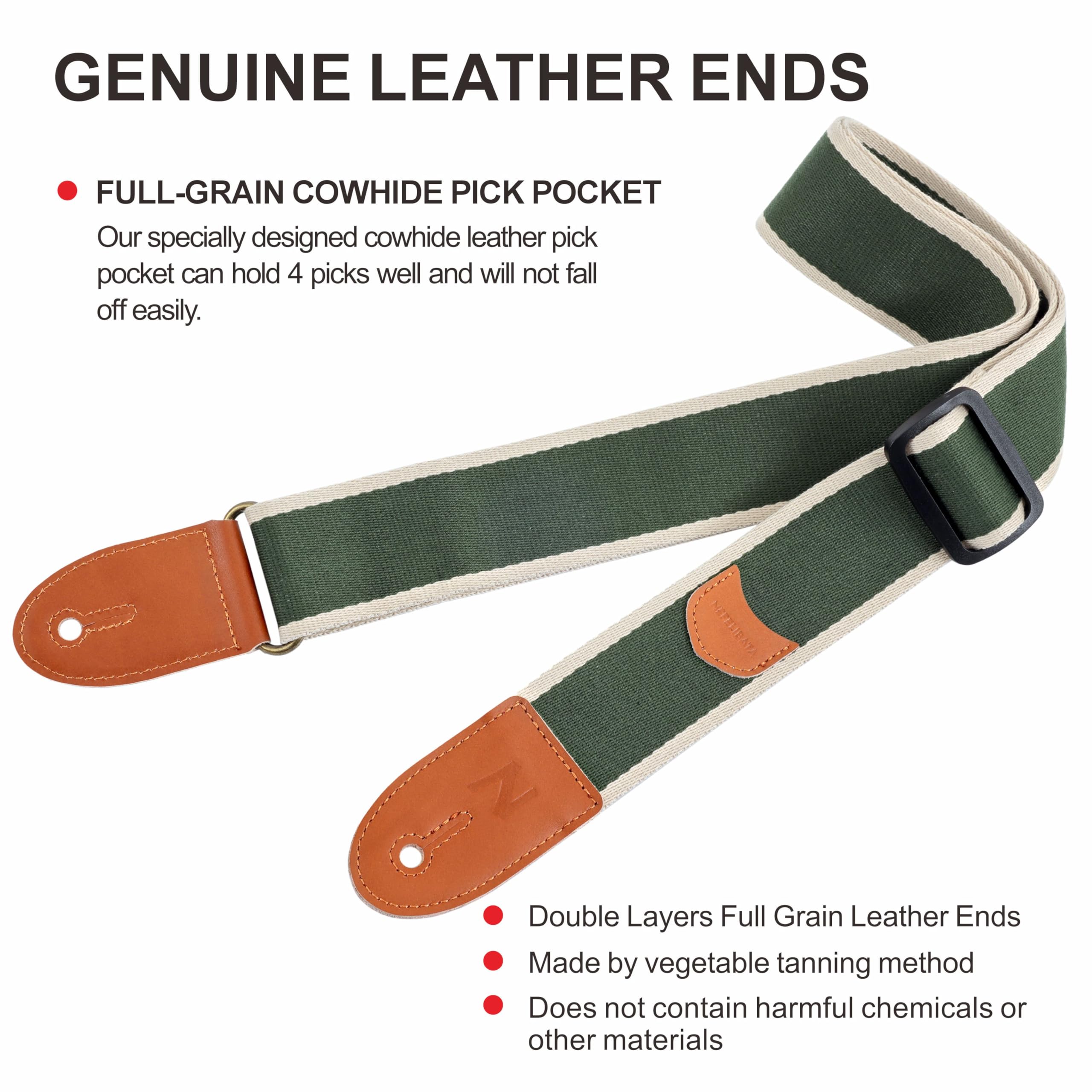 Nefelibata Guitar Strap, Cotton Full Grain Leather Ends Guitar Straps with Pick Pocket for Bass, Electric & Acoustic Guitar, Com