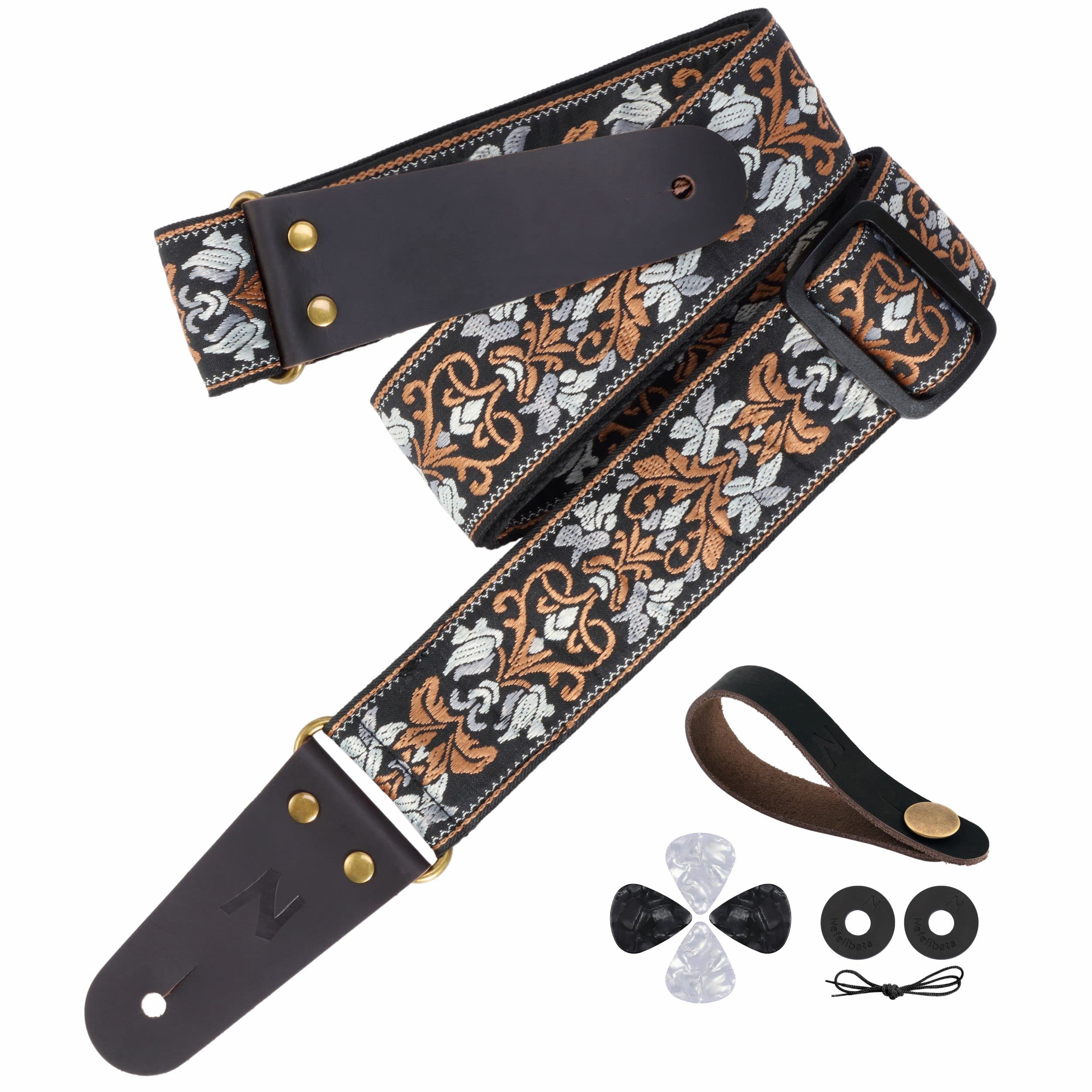 Nefelibata Guitar Strap, 2'' Jacquard Embroidery Guitar Straps, Full Grain Leather Ends With Hidden Pocket, For Bass, Electric A