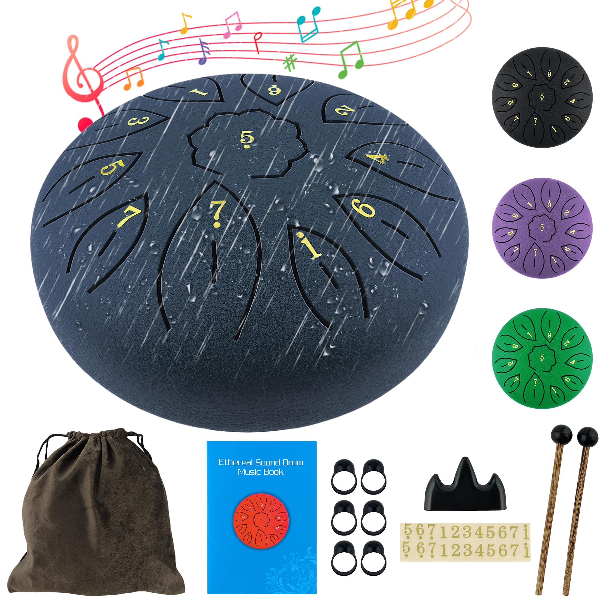 Oun Nana Rain Drum for Outside When It Rains, 6 Inches 11 Notes Steel Tongue Drum with Drumsticks, Holder, Finger Paddle, Music 