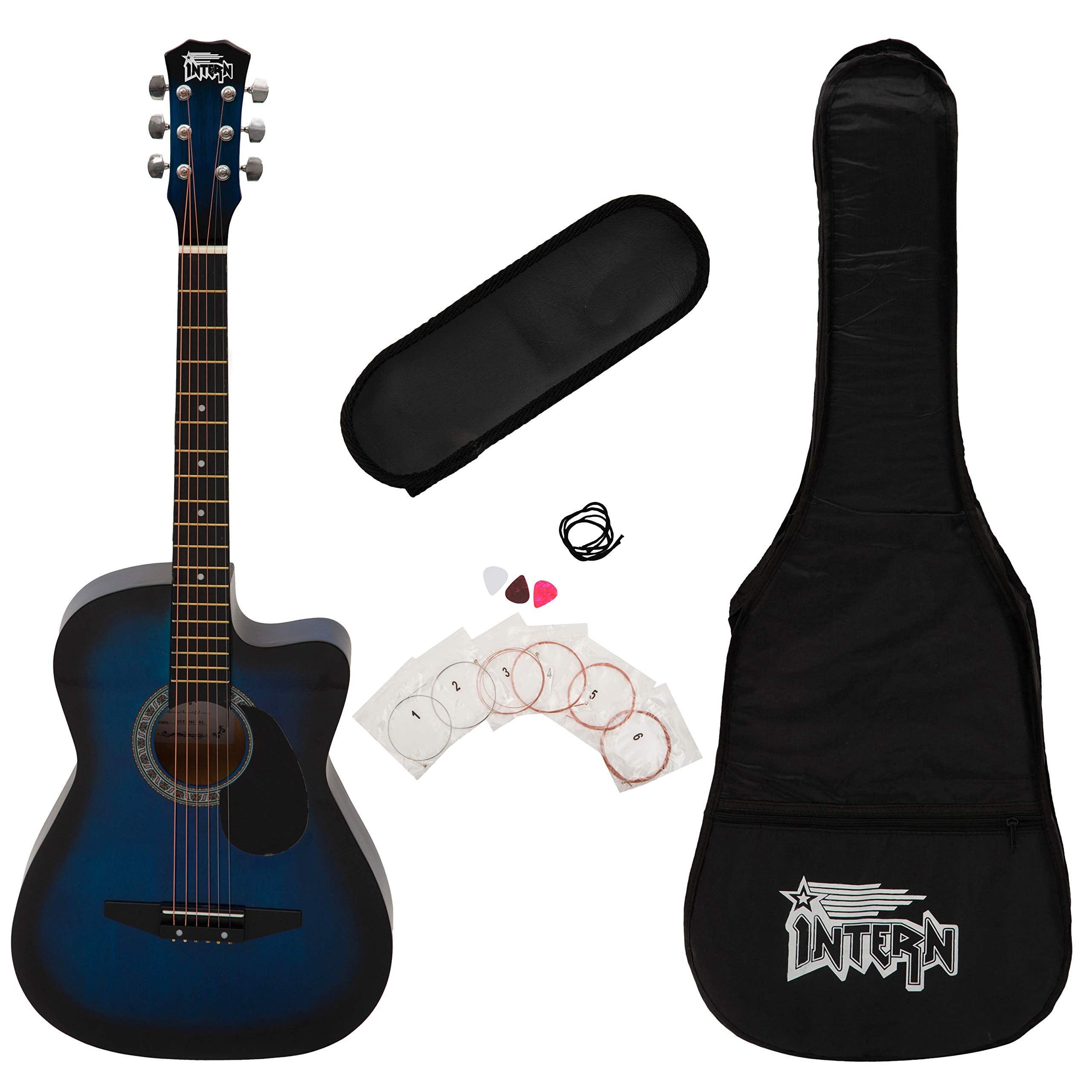 Intern INT-38C 38 Incheses basswood-BLS-G Cutaway Right HAnded Acoustic Guitar Kit, With Bag, Strings, Pick And Strap (Blue, 6 S